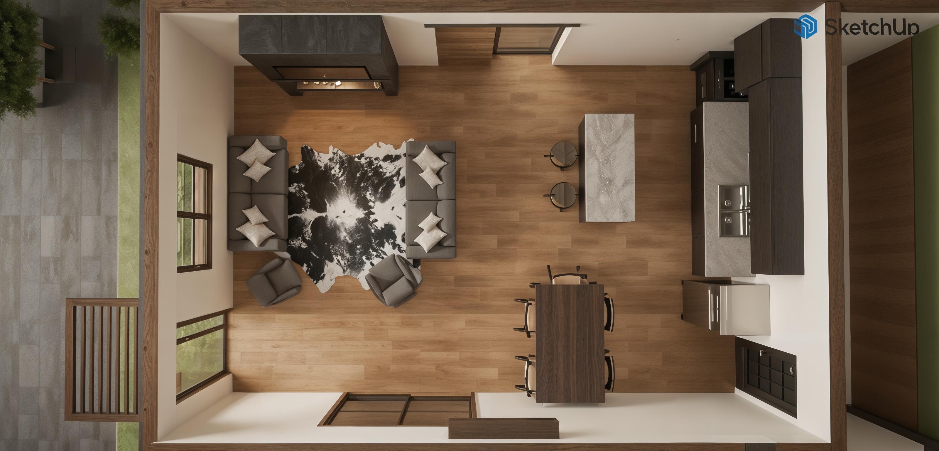 An incredibly lifelike, richly detailed, photorealistic floorplan photograph of a rustic restaurant interior. The scene is illuminated by soft, ambient lighting, creating a warm and inviting atmosphere. Captured with a wide-angle lens, emphasizing the open-concept layout, the photograph showcases a spacious living and dining area with a distinct rustic design. The floor is covered in warm, wide-plank hardwood, lending a natural and organic feel. In the living area, a modern sectional sofa in a neutral grey fabric is arranged around a unique, textured cowhide rug, complemented by two plush armchairs. A sleek, minimalist fireplace with a dark surround anchors one wall, hinting at cozy evenings. Adjacent to the living space, a sophisticated dark wood dining table is set with four chairs, positioned near a minimalist kitchen island with bar stools. The kitchen features dark cabinetry, stainless steel appliances, and a double sink, designed to blend seamlessly with the rustic aesthetic. The overall composition offers a clear perspective of the interconnected zones, suggesting a functional yet stylish space perfect for dining and socializing, with hints of an outdoor area visible through a window-like opening on the left.
