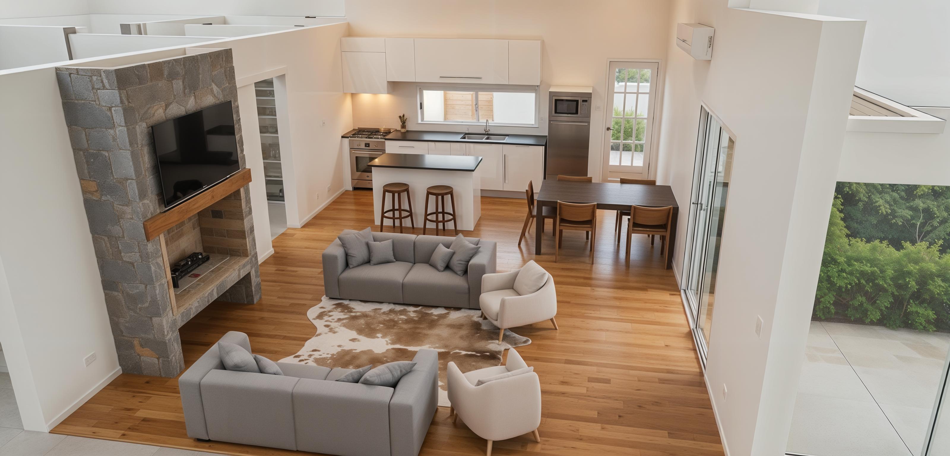 An incredibly lifelike, richly detailed, photorealistic interior photo of a rustic living room set in a modern home. The scene is illuminated by warm, ambient light, creating a cozy and inviting atmosphere that feels immediately welcoming. Captured with a wide-angle lens, emphasizing the open-plan layout and the interplay of textures, the rendering showcases a dominant fireplace clad in rough-hewn stone and accented with reclaimed wood above. A large, dark-framed television is mounted above this architectural centerpiece. The flooring is a wide-plank, distressed hardwood, adding to the rustic charm. Plush, modern sofas in a soft grey fabric are arranged thoughtfully around a textured animal-hide rug, suggesting comfort and conversation. Complementary armchairs with a slightly modern silhouette but upholstered in a soft, neutral fabric complete the seating area. The adjacent kitchen features clean, white cabinetry and a dark countertop, providing a contemporary contrast to the living space. A dark wood dining table with matching chairs is visible nearby, hinting at the home's multi-functional design. The overall aesthetic is a masterful blend of rustic warmth and contemporary design, trending on Pinterest for its accessible yet sophisticated style.