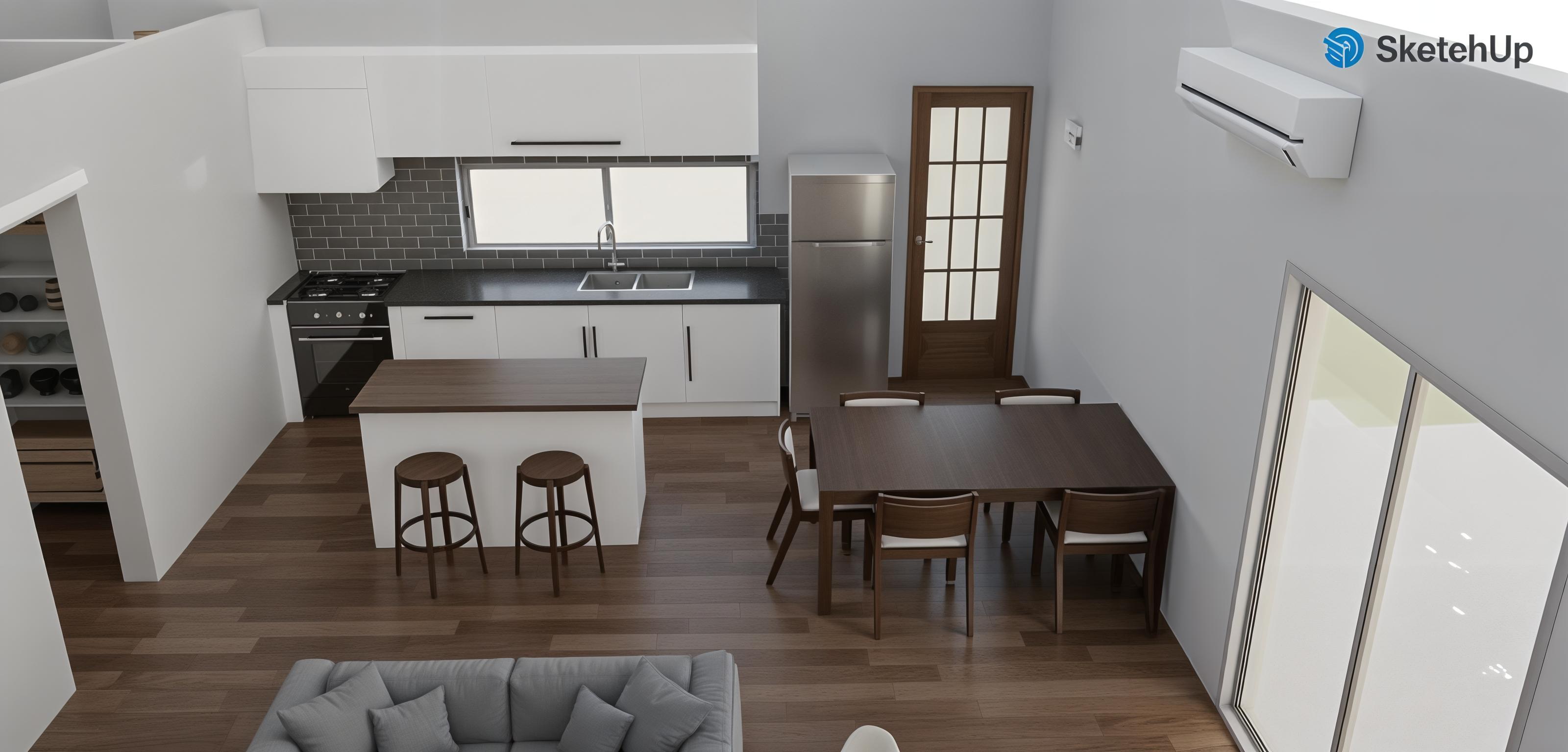 An incredibly lifelike, richly detailed, photorealistic interior photo of a rustic kitchen and dining area. The scene is illuminated by soft, natural light filtering in from a glass-paned door and large sliding glass doors, creating a warm and inviting atmosphere. Captured with a wide-angle lens, emphasizing the rich texture of the dark wood plank flooring and the clean lines of the white cabinetry juxtaposed with a sleek, dark countertop.

The kitchen features white upper cabinets with a single dark handle and a row of lower cabinets with matching dark hardware. A dark tiled backsplash complements the dark countertop which houses a double sink and a modern faucet. To the left, a black gas range and oven are integrated into the counter space. A central island with a dark countertop provides additional workspace and seating, with two dark bar stools tucked underneath.

Adjacent to the kitchen, a dark wood dining table is set for six, with chairs featuring light-colored upholstered seats. The room is further defined by a modern air conditioning unit mounted high on a gray wall. To the left of the kitchen, a refrigerator stands next to a traditional multi-pane glass door, hinting at the rustic aesthetic. In the foreground, a plush gray sofa with matching throw pillows suggests a comfortable living space, seamlessly integrated with the