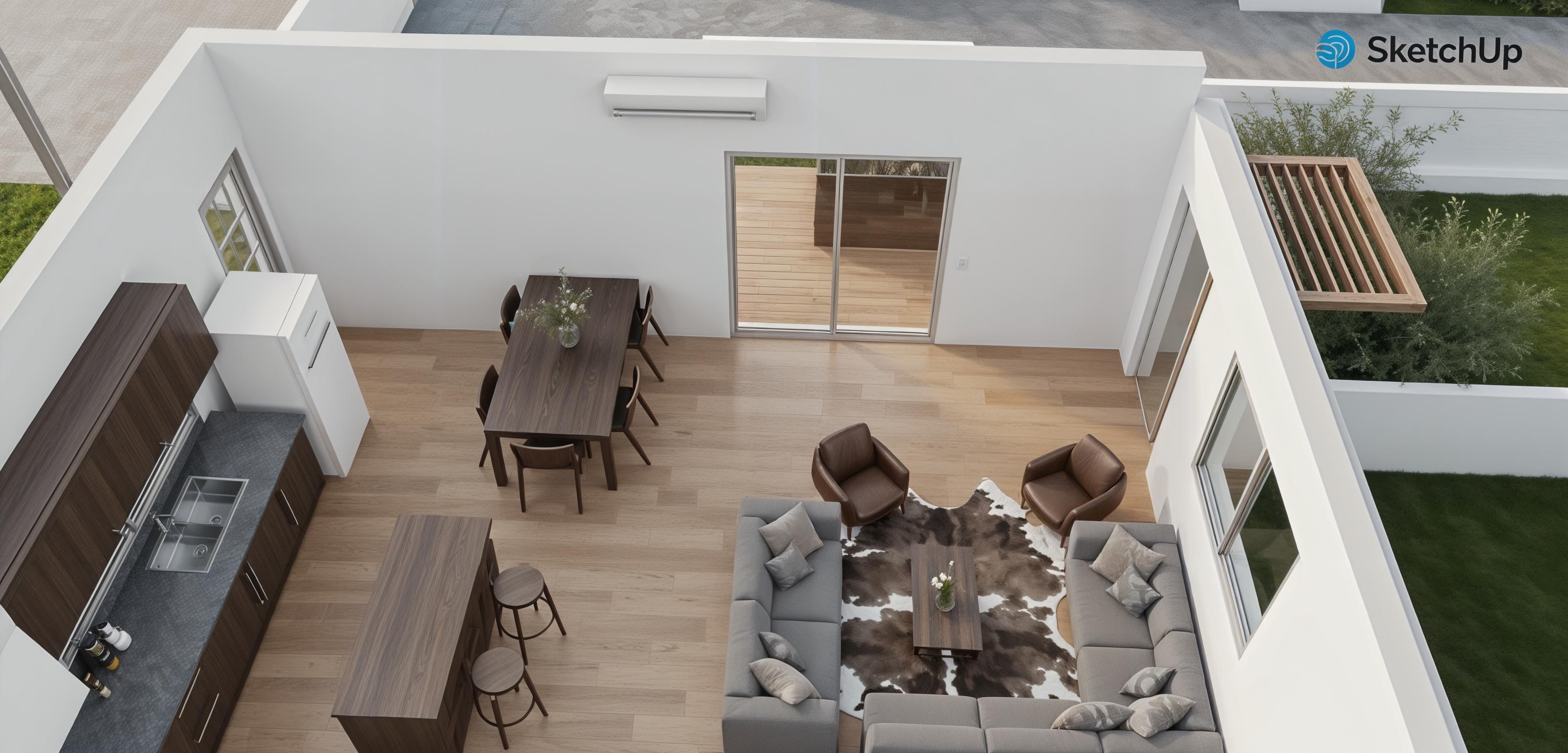 An incredibly lifelike, richly detailed, photorealistic interior photo of an open-concept living and dining area, reminiscent of a cozy coffee shop with strong rustic interior design elements. The scene is illuminated by soft, diffused daylight streaming in from a large sliding glass door and a window, creating a warm and inviting atmosphere. Captured with a wide-angle lens, the rendering emphasizes the warm tones of the wide-plank wooden flooring and the natural texture of the cowhide rug centered in the conversation area. The gray sectional sofa, accented with plush pillows, faces two comfortable armchairs, arranged around a low coffee table. Adjacent, a dark wood dining table with chairs offers a sophisticated contrast. The kitchen area features sleek, minimalist dark countertops and cabinetry, balanced by a classic white refrigerator. An air conditioning unit is neatly mounted high on the white wall. Outside, a hint of manicured greenery and a modern slatted wooden accent structure suggest a contemporary suburban setting. The overall effect is a chic, comfortable space that feels both modern and timeless, trending on Pinterest for its appealing rustic aesthetic.