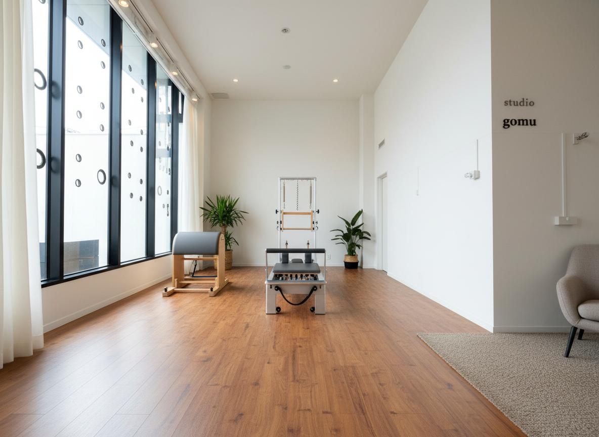 An incredibly lifelike, richly detailed interior photograph of a cozy Pilates studio set in a modern urban environment. The scene is illuminated by soft, diffused natural light filtering through sheer, off-white curtains that hang from a track above the large, distinctive windows, creating a serene and welcoming atmosphere. Captured with a wide-angle lens, emphasizing the organic textures of a rich, warm-toned wood-look floor, the smooth white walls, and the dark, minimalist frames of the windows with their circular decorative cutouts. Visible are a high-quality Pilates reformer positioned centrally, a Pilates ladder barrel near the window, and a Pilates chair in a corner, all designed for effective training. A small, inviting waiting area is created with a textured, neutral-toned carpet and a single, comfortable armchair. Lush green plants are artfully placed throughout the studio, bringing life and color to the space. The eye-catching signage “studio gomu” is subtly placed on the wall. Adjacent, a discreet changing room is hinted at. Hints of rustic charm are woven throughout, from the natural materials suggested by the flooring and greenery to the overall sense of calm and groundedness. The proportions of the room are well-balanced, with furniture thoughtfully arranged to allow ample space for movement during workouts,