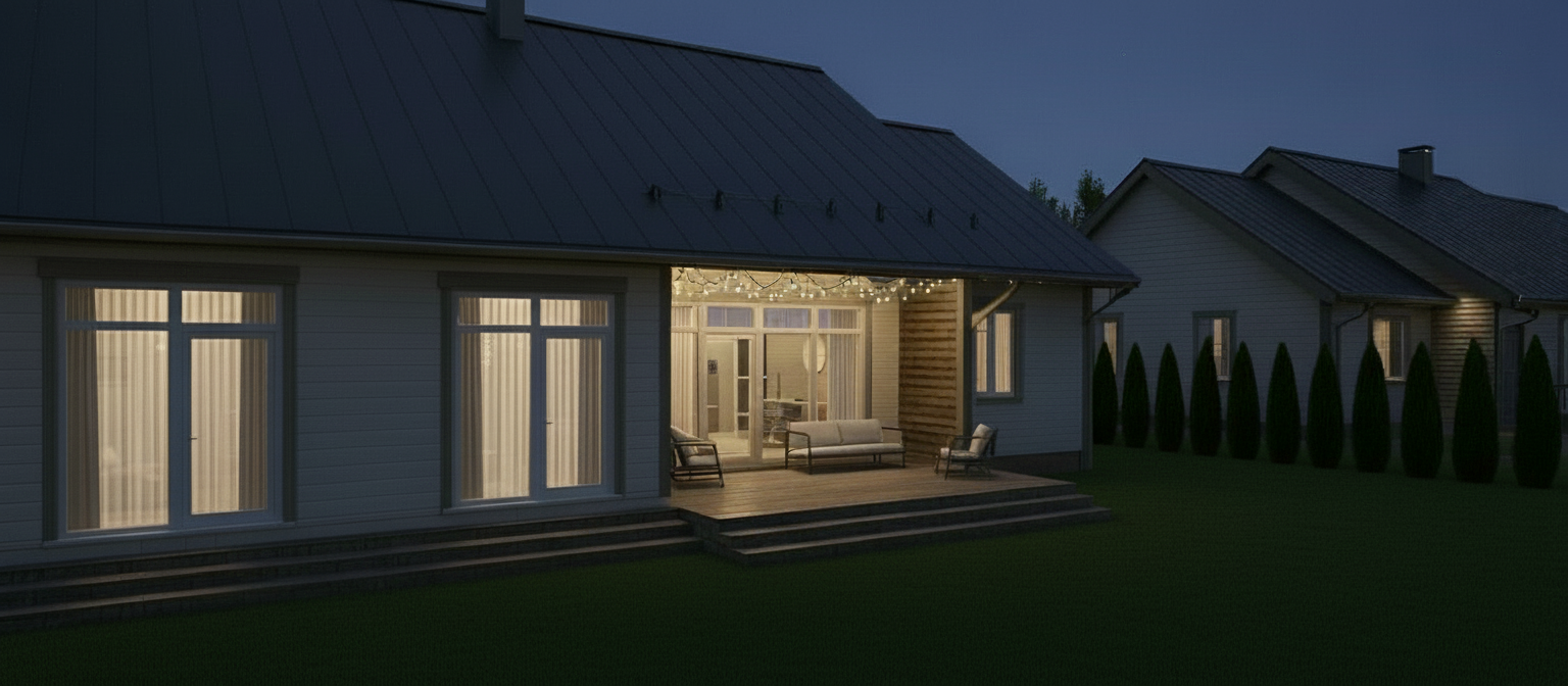 An incredibly lifelike, richly detailed, photorealistic architectural photo of a modern single-story house at night. The scene is illuminated by soft, warm light emanating from decorative bulbs that cast a gentle glow on the wooden deck and interior living spaces, creating a cozy and inviting atmosphere. The house features a dark, standing-seam metal roof and horizontal grey siding, with large windows that offer a glimpse into a tastefully decorated living room. The interior suggests a shabby chic aesthetic with comfortable seating and a relaxed ambiance. A clean, dark deck with modern outdoor furniture extends from the house, leading down to a paved patio area. A row of neatly trimmed, cone-shaped evergreen trees forms a natural border for the property, hinting at a suburban or semi-rural setting. Captured with a wide-angle lens, the rendering emphasizes the clean lines of the architecture and the seamless integration of the outdoor living spaces, while a subtle depth of field draws the eye to the illuminated interior.