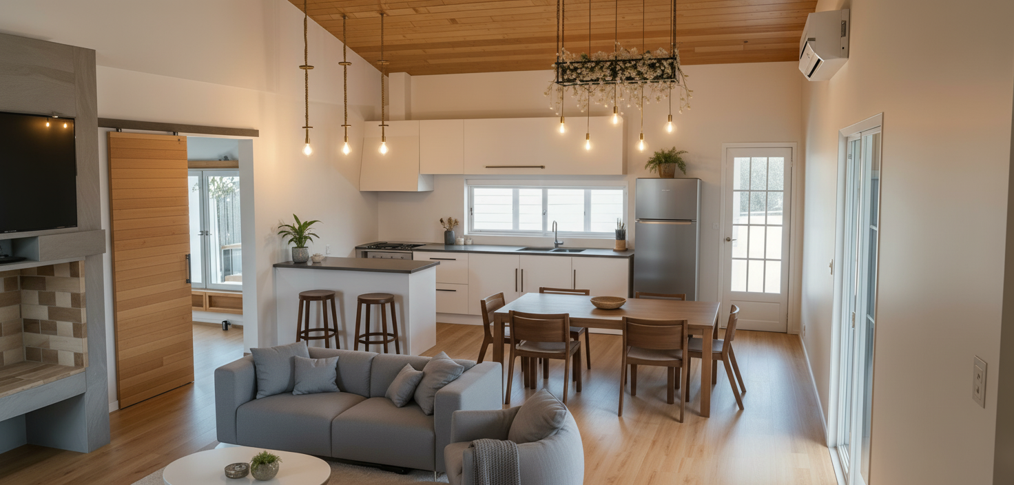 An incredibly lifelike, richly detailed, photorealistic interior photo of an open-concept living and kitchen space with a distinct rustic charm, set within a modern home. The scene is illuminated by a combination of warm overhead pendant lights and natural light filtering through a glass-paned door, creating a cozy and inviting atmosphere. Captured with a wide-angle lens, this shot emphasizes the warm tones of the planked wooden ceiling and the rich grain of the sliding barn door, contrasting with the cool grey concrete fireplace surround. The kitchen features sleek white cabinetry and a minimalist island with dark stools, while the living area is anchored by a plush grey sofa. The overall impression is one of rustic elegance, a trending style on Pinterest, where natural materials and a relaxed aesthetic blend seamlessly to create a welcoming and stylish home.