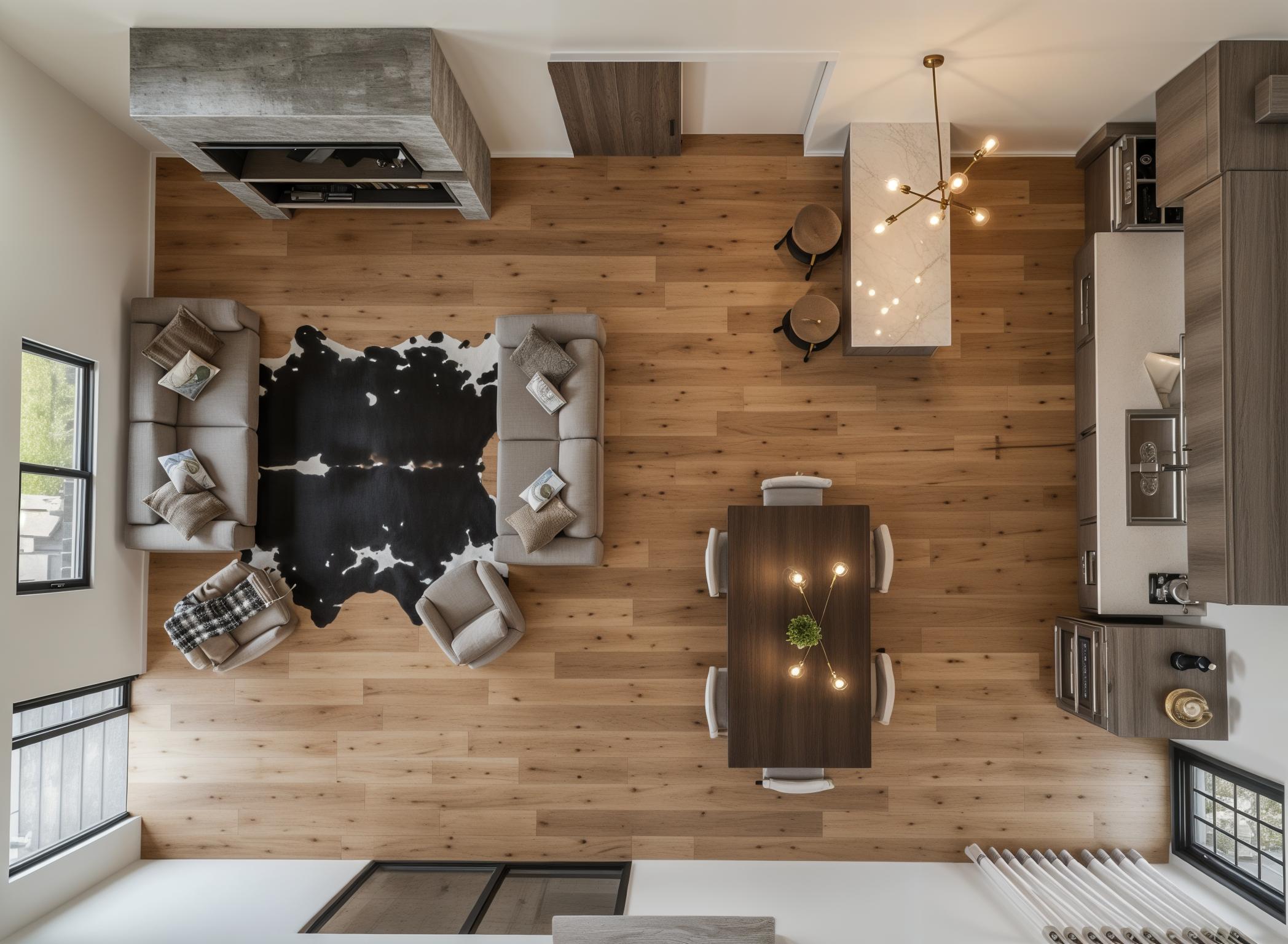 An incredibly lifelike, richly detailed, photorealistic floor plan photo of a rustic dining room and adjacent living area, set within a modern, open-concept home. The scene is illuminated by warm, ambient light, possibly from a fireplace visible in the distance, creating a cozy and inviting atmosphere. Captured with a wide-angle lens from a high vantage point, this shot emphasizes the natural wood grain of the flooring, the soft textures of plush sectional sofas and cowhide rug, and the clean lines of the dark dining table with its accompanying chairs. The composition thoughtfully arranges the furniture, showcasing a balanced layout with a spacious feel. In the background, a sleek kitchen island with bar stools and a functional stovetop suggest a seamless transition between cooking and dining spaces. The overall impression is one of sophisticated, rustic interior design, trending on Pinterest for its inviting warmth and stylish practicality.