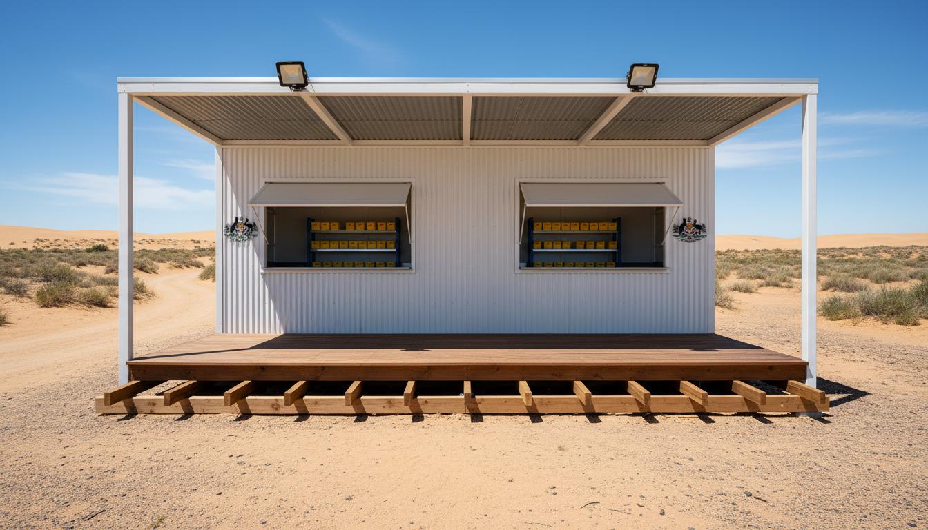 An incredibly lifelike, richly detailed, photorealistic architectural photo of a desert retreat pavilion set in a sparse desert environment. The scene is illuminated by bright midday summer sun, creating a sharp, high-contrast atmosphere. Captured with a wide-angle lens, emphasizing the simple, functional geometry of the structure.

The pavilion features a minimalist, modern design. Its primary structure is a slender, white, rectangular frame supporting a flat, corrugated metal roof. Two prominent, square spotlights are mounted under the roof overhang, their sleek, modern forms contrasting with the rustic surroundings. The main body of the pavilion is a corrugated white wall, creating a strong vertical texture. This wall is punctuated by two recessed service windows, each fitted with a light grey, sloped awning. Behind these windows, blue metal shelving units are visible, holding bright yellow rectangular items, suggesting a functional interior storage or display area. The Australian Government coat of arms emblem appears twice on the white wall, adding a touch of official branding.

The pavilion sits elevated on a sturdy wooden platform, constructed from dark brown planks laid over a grid of light brown wooden joists, giving it a grounded yet open feel. The platform extends outwards, hinting at an accessible entrance. Four slim, white cylindrical columns support the roof structure,