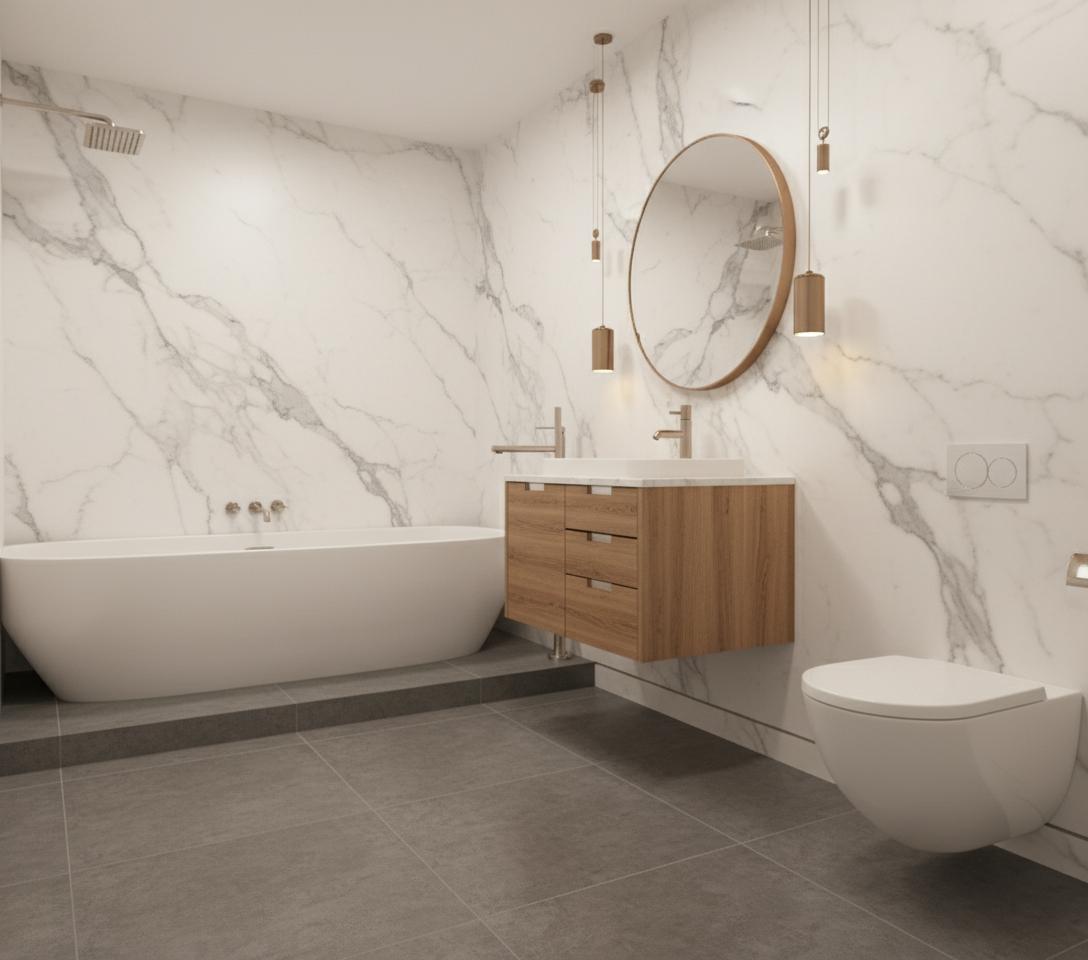 An incredibly lifelike, richly detailed, photorealistic interior photo of a rustic bathroom. The scene is illuminated by soft, warm light emanating from pendant lamps, creating a serene and inviting atmosphere. Captured with a wide-angle lens, emphasizing the spaciousness and the interplay of textures within the room. The walls are clad in a luminous white marble with striking grey veining, a material that exudes understated luxury. Opposite this, a freestanding bathtub with a pristine white finish sits on a minimalist grey tiled platform, contrasting beautifully with the marble. A floating vanity, crafted from warm-toned wood with a contemporary grain, supports two sleek, geometric faucets over a single white basin. Above the vanity, a large, round mirror is framed by a thin, warm-toned metal, reflecting some of the ambient light. A modern, matte black showerhead is visible within a glass enclosure, suggesting a functional shower space. The floor is covered in large, dark grey tiles with a subtle texture, grounding the space. The overall impression is one of modern rustic elegance, where natural materials and clean lines come together to create a tranquil and sophisticated sanctuary.