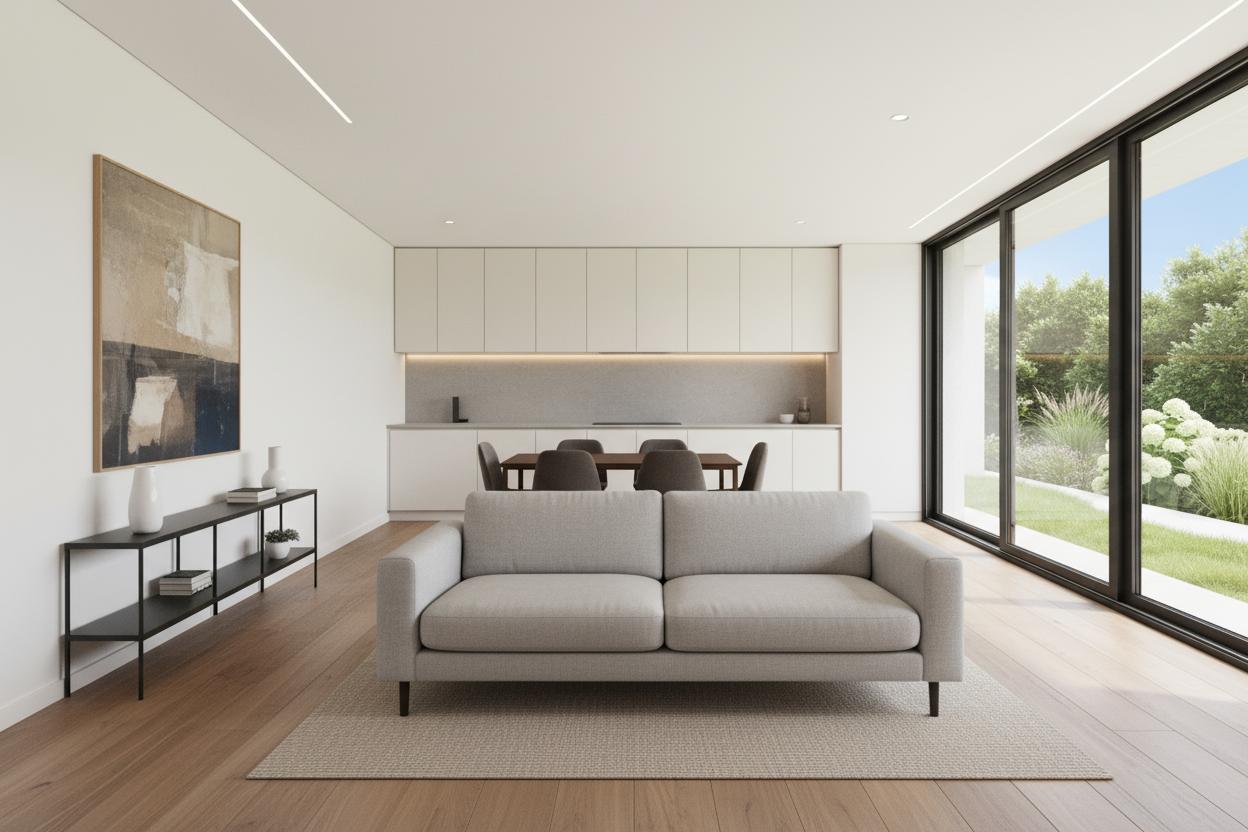 An incredibly lifelike, richly detailed, photorealistic architectural photo of a vintage living room with an open-plan dining area, set within a modern home that boasts expansive glass walls overlooking a lush, green garden. The scene is illuminated by soft, natural daylight streaming through the large windows, creating a serene and airy atmosphere. Captured with a wide-angle lens, perhaps a Canon EF 16-35mm f/2.8L III USM, emphasizing the spaciousness and the clean lines of the mid-century modern-inspired design alongside the warmth of the wooden flooring. The composition draws the eye from the textured abstract artwork on the left wall, past a sleek black console table adorned with minimalist decor, towards a neutral-toned sofa, and finally to the integrated kitchen and dining space. The kitchen features seamless, cream-colored cabinetry against a muted grey backsplash, with a dark wood dining table and chairs suggesting a sophisticated yet inviting vintage interior design. Subtle recessed lighting and a thin linear light fixture along the ceiling add depth and highlight the textures of the smooth white walls and the gentle grain of the hardwood floors. Trending on Pinterest, this image evokes a sense of timeless elegance, blending retro sensibilities with contemporary living for a tranquil and stylish abode.