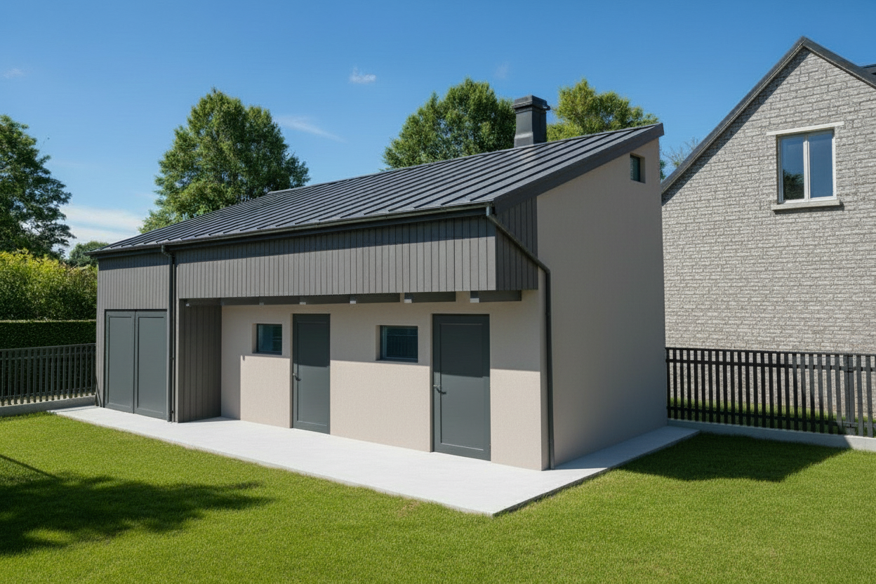An incredibly lifelike, richly detailed, photorealistic architectural photo of a modern, two-story residential building with an attached garage, rendered in a minimalist style. The scene is illuminated by bright, overhead sunlight, casting crisp shadows and creating a clear, daytime atmosphere. The building features a combination of light grey stucco on the main body and dark grey vertical siding on the upper portion and garage, accented by a dark grey gabled roof. Numerous dark grey doors and simple, square windows with blue-tinted glass are visible on the facade, and a dark metal fence encloses the property, which appears to be set in a suburban or semi-rural environment with mature trees and a neighboring brick building. The overall composition highlights the clean lines and functional design of the structure against a clear blue sky.
