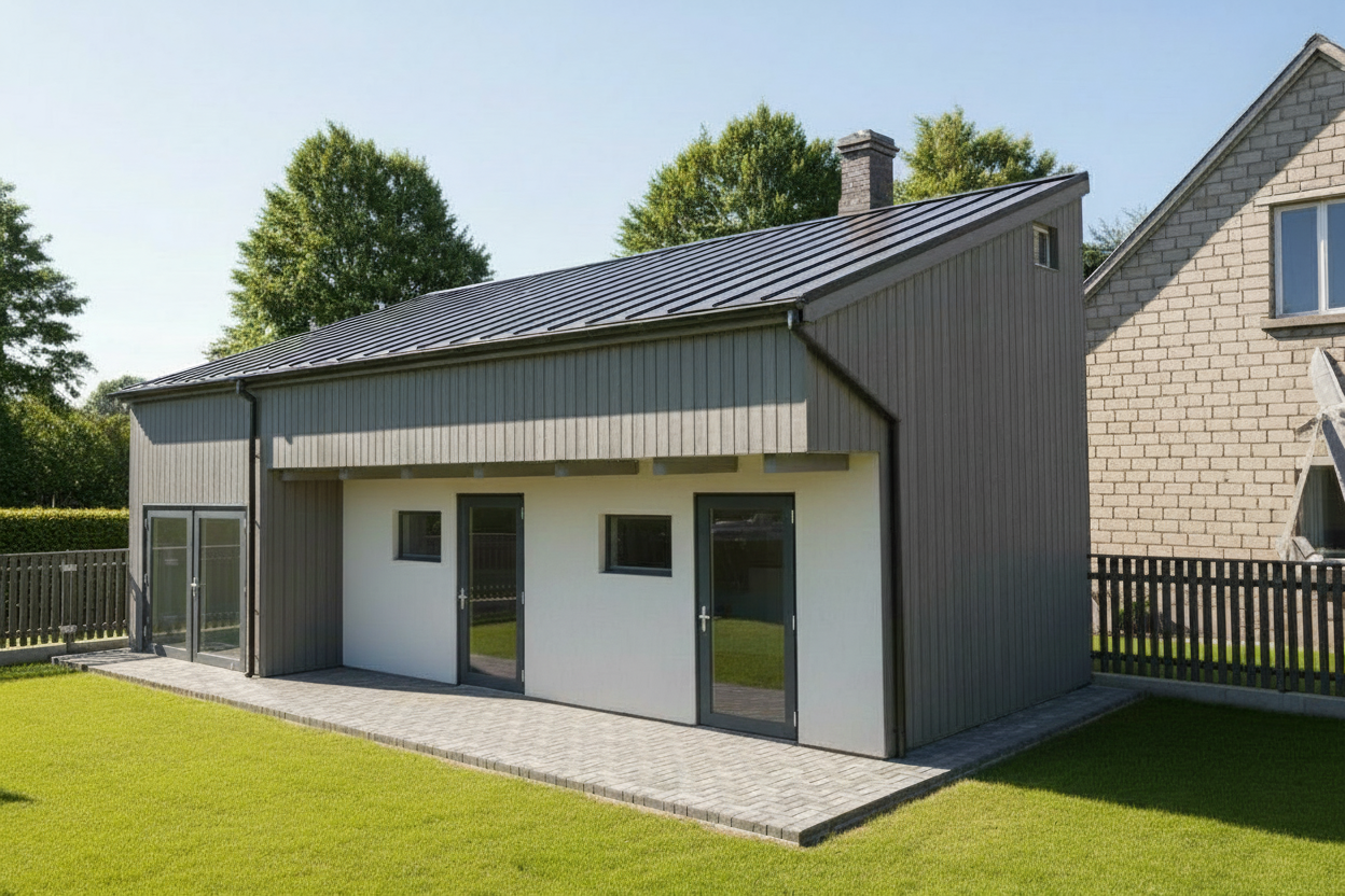 An incredibly lifelike, richly detailed, photorealistic architectural photo of a rustic dwelling set in a lush garden. The scene is illuminated by bright, natural sunlight streaming in from above, casting soft shadows and creating a warm, inviting atmosphere. Captured with a wide-angle lens, emphasizing the building's modern sloped roof clad in dark, matte metal, and its striking facade of vertically-oriented grey timber contrasted with a textured, off-white stucco base. The composition highlights the building's clean lines and functional design, with two discreet doors and windows on the stucco section, and a pair of double glass doors leading to a paved patio. The surrounding environment features manicured green lawn, a dark metal fence, and mature trees that suggest a peaceful, suburban locale. The rendering subtly reveals a glimpse of a neighboring aged brick building, adding depth and context to the scene.