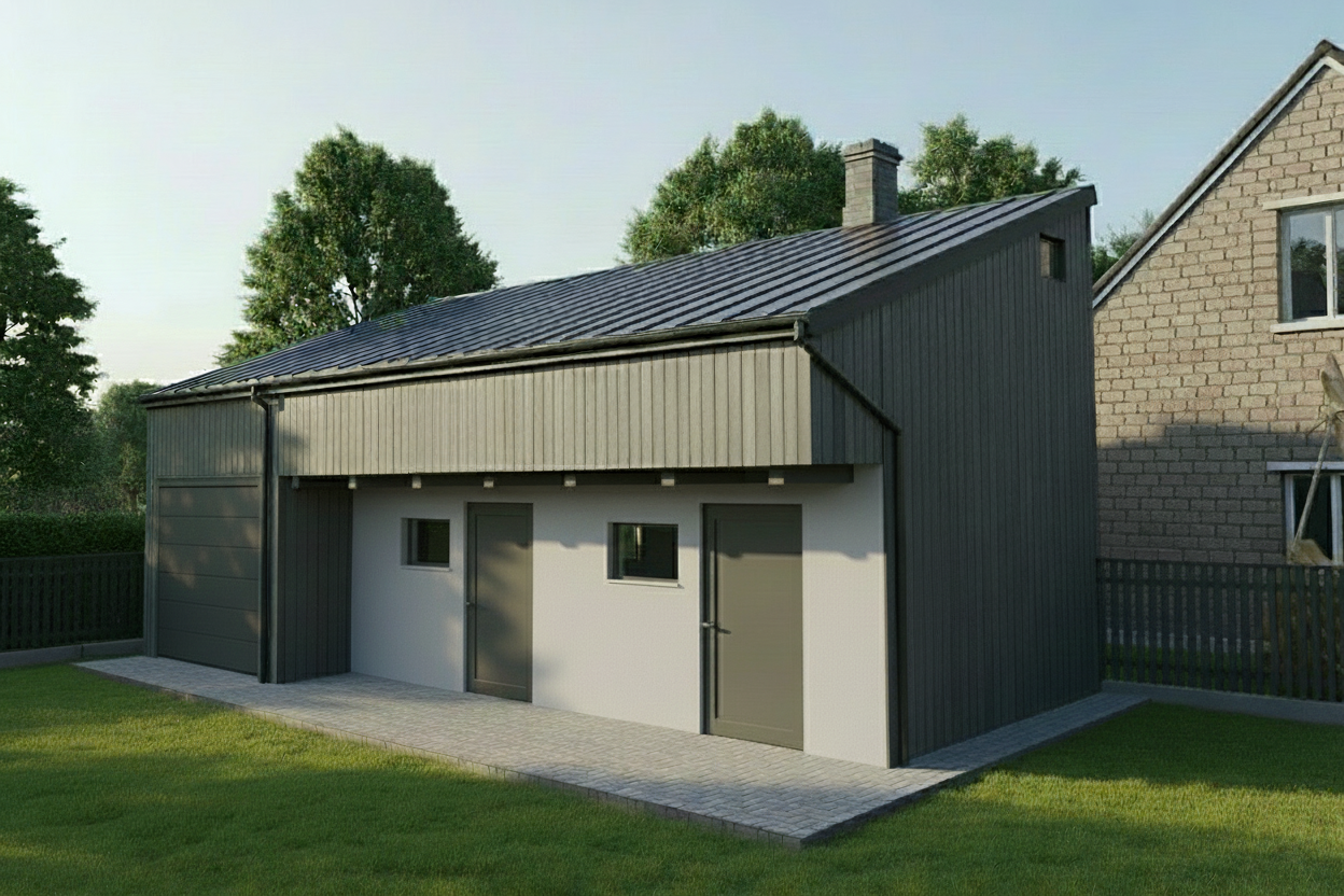An incredibly lifelike, richly detailed, photorealistic exterior architectural rendering of a grey timber-clad building with a modern, asymmetrical roofline. The scene is illuminated by bright, late afternoon sun casting sharp shadows and highlighting the texture of the vertical wood siding and the stucco finish of the lower facade. Captured with a wide-angle lens, emphasizing the building's clean lines, white window frames, and dark grey doors. The composition showcases the structure nestled within a suburban environment, with lush green grass, a dark metal fence, and mature trees in the background. To the right, a portion of a traditional brick building with a chimney hints at the surrounding neighborhood. The rendering conveys a serene, contemporary aesthetic, suggesting a functional modern extension or a standalone structure designed for utilitarian purposes.