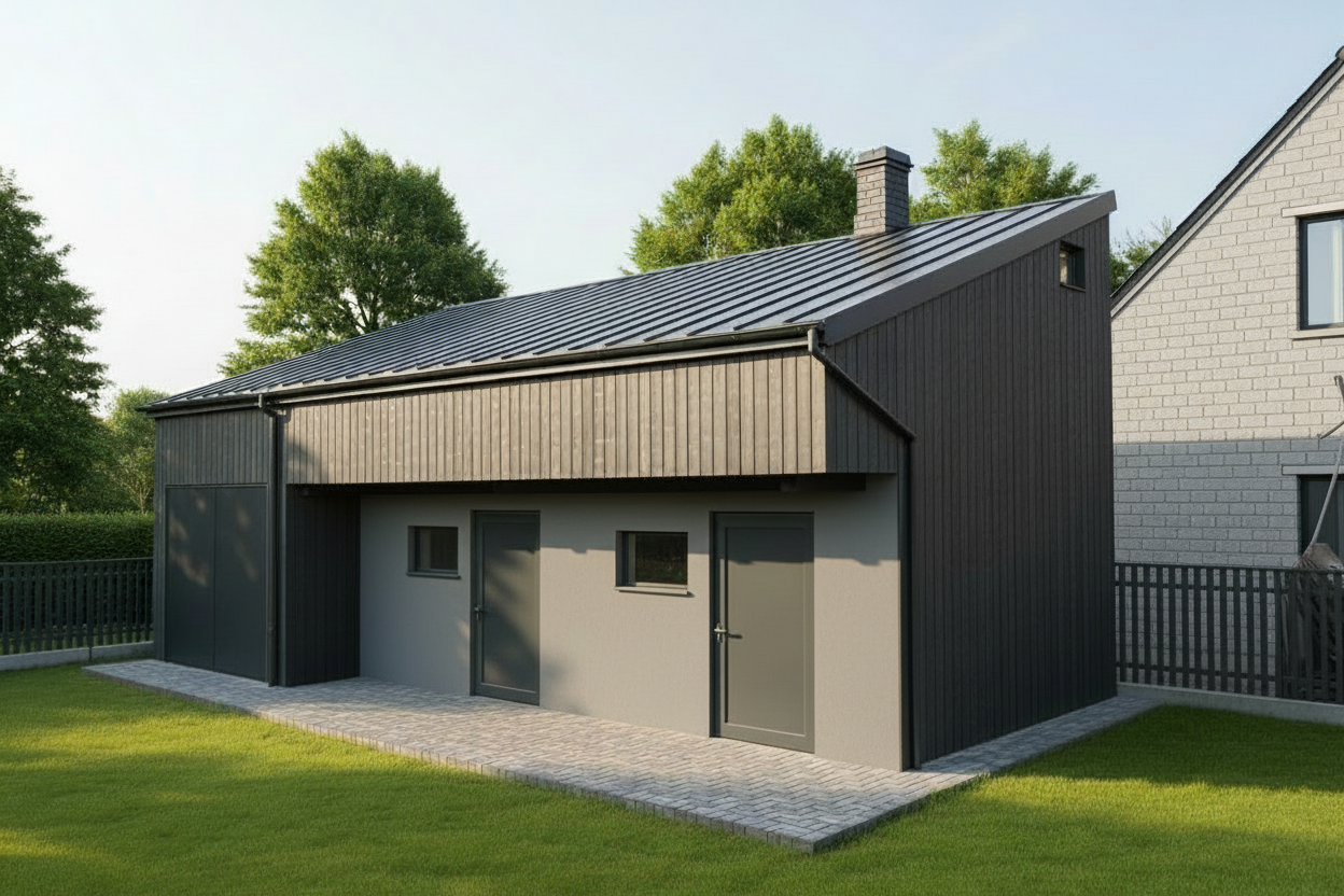 An architectural photograph captures a modern, low-slung structure with a distinctive, asymmetrical metal roofline. The building's exterior is a tasteful combination of light grey stucco and dark grey vertical wooden siding, with a visible brick facade of an adjacent building peeking into the composition. A dark grey chimney rises from the pitched section of the roof. Two simple, dark grey doors and two minimalist rectangular windows are set into the stuccoed portion of the facade, suggesting utilitarian spaces within. A paved walkway of interlocking grey bricks leads to these entrances, bordered by a neatly manicured green lawn that stretches towards a dark wooden fence. Lush green trees form a natural backdrop, their dense foliage creating a soft contrast against a pale, late-afternoon sky. The daylight is soft, casting gentle shadows that highlight the textures of the materials. The overall impression is one of clean design, functionality, and integration with its natural surroundings.