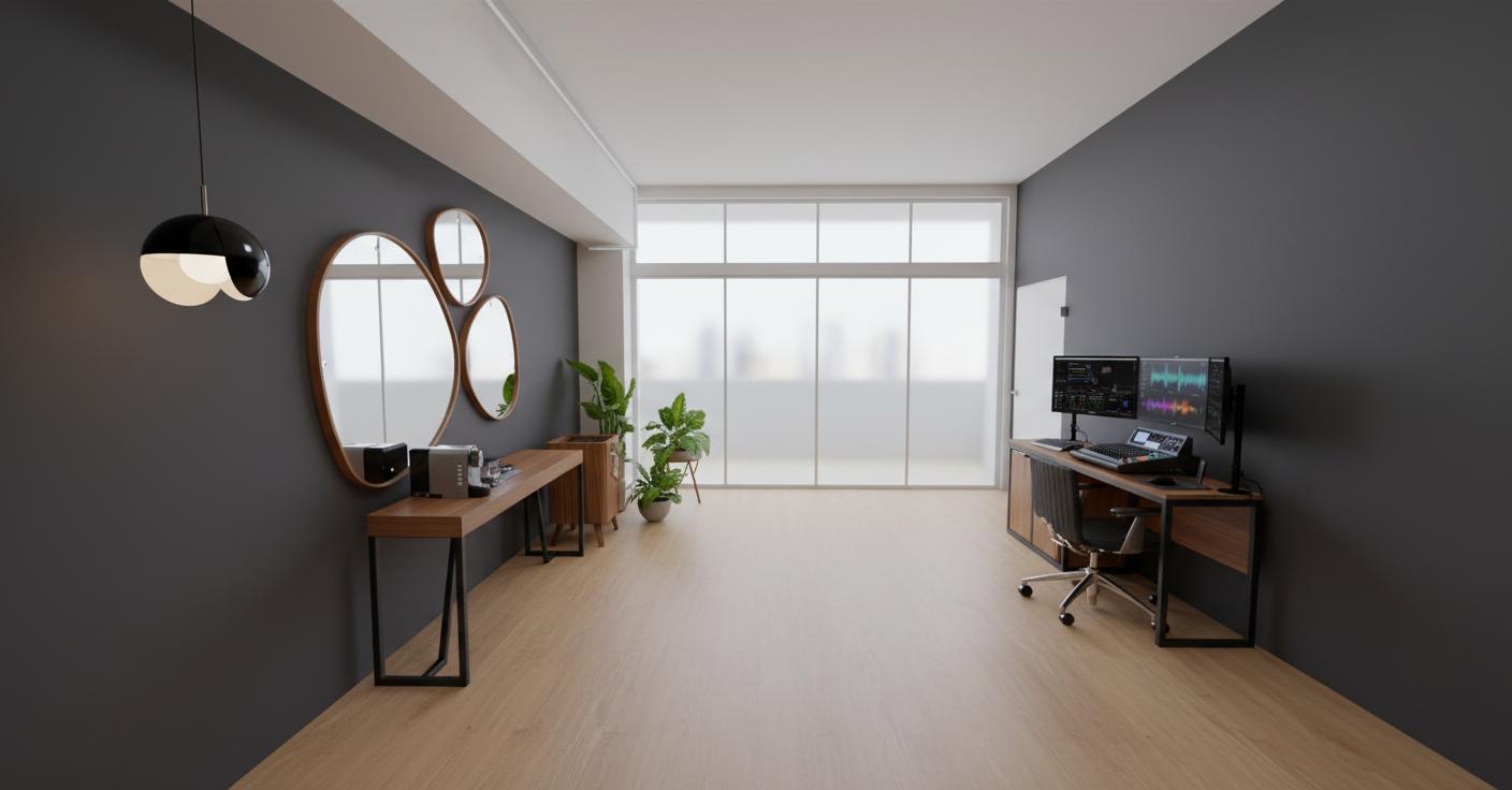 An incredibly lifelike, richly detailed, photorealistic interior photograph of a podcast recording studio. The scene is illuminated by balanced, natural daylight streaming through a large, frosted glass wall at the rear, creating a bright and inviting atmosphere. Captured with a wide-angle lens, emphasizing the warm, beige tones of the Injoy Camelia laminate flooring and the deep, matte finish of the Gato Preto Suvinil painted walls and ceiling, this image masterfully showcases the blend of modern functionality and cozy design. To the left, a sleek wooden and black metal console table holds a retro Brastemp refrigerator, topped with a striking black dual-globe pendant light. Above the console, three organically shaped mirrors with warm wood frames add a touch of artistic flair. Beside the console, a collection of three potted plants of varying sizes breathes life into the space. Opposite the console, a technical desk, crafted from wood and black metal tubing, is fully equipped with a desktop PC, multiple monitors, an Atem Mini video mixer, and a professional podcast sound desk. A subtle cable management trough with a hinged top streamlines the setup, ensuring a clean and organized workspace. The overall composition guides the eye from the inviting lounge area to the productive technical zone, with subtle reflections on the monitors and the smooth