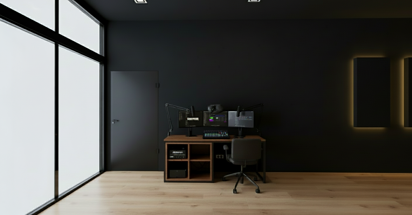 An incredibly lifelike, richly detailed, photorealistic interior photo of a podcast recording studio set in a modern interior space. The scene is illuminated by balanced, natural lighting from the ceiling, creating a clear and uniform ambiance. Captured with a wide-angle lens, emphasizing the textures of the Injoy Camelia beige laminate flooring and the Gato Preto Suvinil painted walls and ceiling.

The room features a sleek desk with a dark wood and black metalon frame, topped with a desktop computer, multiple monitors, an Atem Mini video switcher, and a podcast soundboard. Cables are neatly managed in an integrated lower channel with a subtle top-opening design. Two textured acoustic panels with subtle yellow LED backlighting are mounted on the Gato Preto wall, adding both acoustic treatment and visual interest. To the left, a large window floods the space with natural light, reflecting off the warm tones of the wooden floor. A dark door is subtly integrated into the wall on the right, maintaining the studio's minimalist aesthetic. The overall impression is one of sophisticated functionality, designed for clarity and comfort during recording sessions.