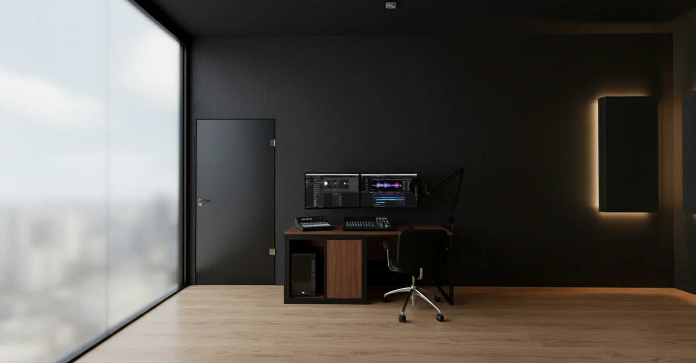An incredibly lifelike, richly detailed, photorealistic interior photograph of a podcast recording studio set in a contemporary, minimalist environment. The scene is illuminated by balanced, natural light spilling in from a large, floor-to-ceiling window, creating a calm and focused atmosphere. Captured with a wide-angle lens, emphasizing the clean lines and sophisticated textures of the space, with a subtle depth of field that draws attention to the central workspace.

The floor is a warm, beige Injoy Camelia laminate, with planks laid horizontally, reflecting the ambient light softly. The walls and ceiling are painted in a deep, matte Gato Preto Suvinil, providing a sophisticated, dark backdrop that allows the equipment and subtle lighting features to stand out. A custom-designed technical desk, featuring a blend of dark wood and black metalon, is positioned centrally, facing a sleek aparador (not visible in detail but implied by context). This desk is meticulously outfitted; a PC desktop gleams, flanked by two or three monitors displaying crisp, vibrant interfaces. A compact Atem Mini video mixer and a professional podcast soundboard are neatly arranged, with cables expertly managed within a black metalon channel running along the bottom of the desk, featuring a top-opening access door.

Integrated into the dark