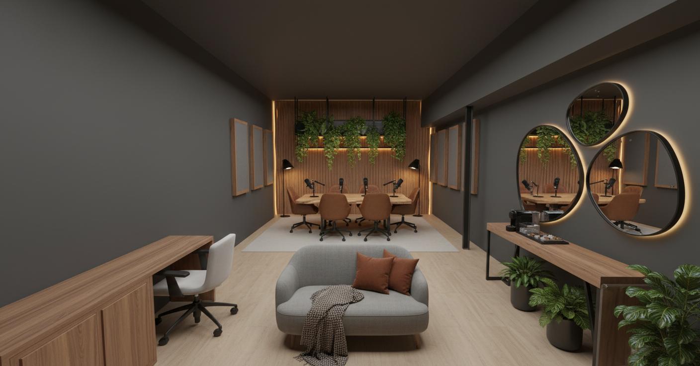 An incredibly lifelike, richly detailed, photorealistic interior photograph of a modern podcast recording studio. The scene is illuminated by balanced, natural lighting, creating a welcoming and functional atmosphere for creative work. Captured with a wide-angle lens, emphasizing the rich textures of the Injoy Camelia laminate flooring, reminiscent of light beige wood, and the deep, matte finish of the Gato Preto Suvinil painted walls and ceiling. The focal point is the podcast recording area, featuring a natural wood table with an organic edge and sleek black metalon legs, accompanied by six brown Office Vegas Rivatti chairs. Six Maono PD200XS microphones with articulated arms are precisely aligned, ready for use. The background wall is adorned with rippled louro freijó wood panels framing a suspended black metalon shelf filled with lush trailing plants, subtly illuminated by indirect warm yellow LED lighting that also outlines four acoustic panels on each side of the recording table. Two minimalist black floor lamps with warm yellow light flank the rippled panels, casting a soft glow. To the right, a long wooden console table holds a coffee maker and capsules, with three organically shaped mirrors above it, and three planters with diverse greenery beside it. A small, organic grey linen sofa with terracotta cushions and a rustic