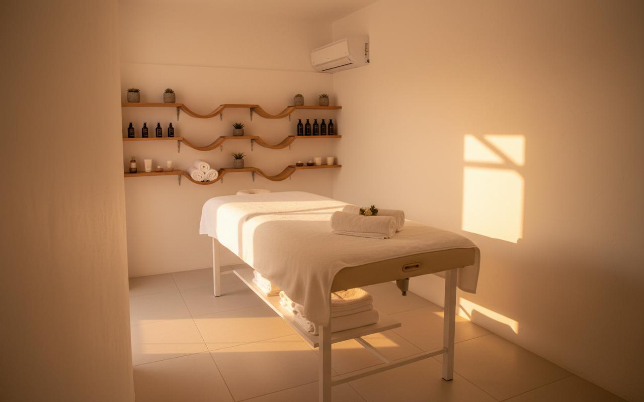 An incredibly rich and detailed interior photograph captures a "salle de soin de massage" (massage treatment room) during a serene summer sunset. The scene is bathed in the warm, golden hues of the setting sun, casting long shadows and imbuing the space with a bohemian oasis atmosphere reminiscent of an onsen. Dominating the center of the room is a plush massage table, its surface appearing soft and inviting, ready for use. Behind the table, the wall is adorned with elegant shelving, specifically designed to hold bottles or perhaps spa products, their curved forms adding a touch of organic artistry. On the upper right, an air conditioning unit is subtly integrated into the wall, suggesting a climate-controlled environment for ultimate comfort. The walls themselves are a clean white, providing a stark yet calming contrast to the warm lighting, and the floor appears to be a smooth, light-colored surface. The overall composition is well-balanced, drawing the eye towards the focal point of the massage table and the thoughtfully arranged shelves, creating a sense of tranquility and exclusive relaxation. The quality of light suggests a shallow depth of field, with the immediate area around the table and shelves in sharp focus, while the background fades slightly, enhancing the intimate and peaceful ambiance of this private sanctuary.