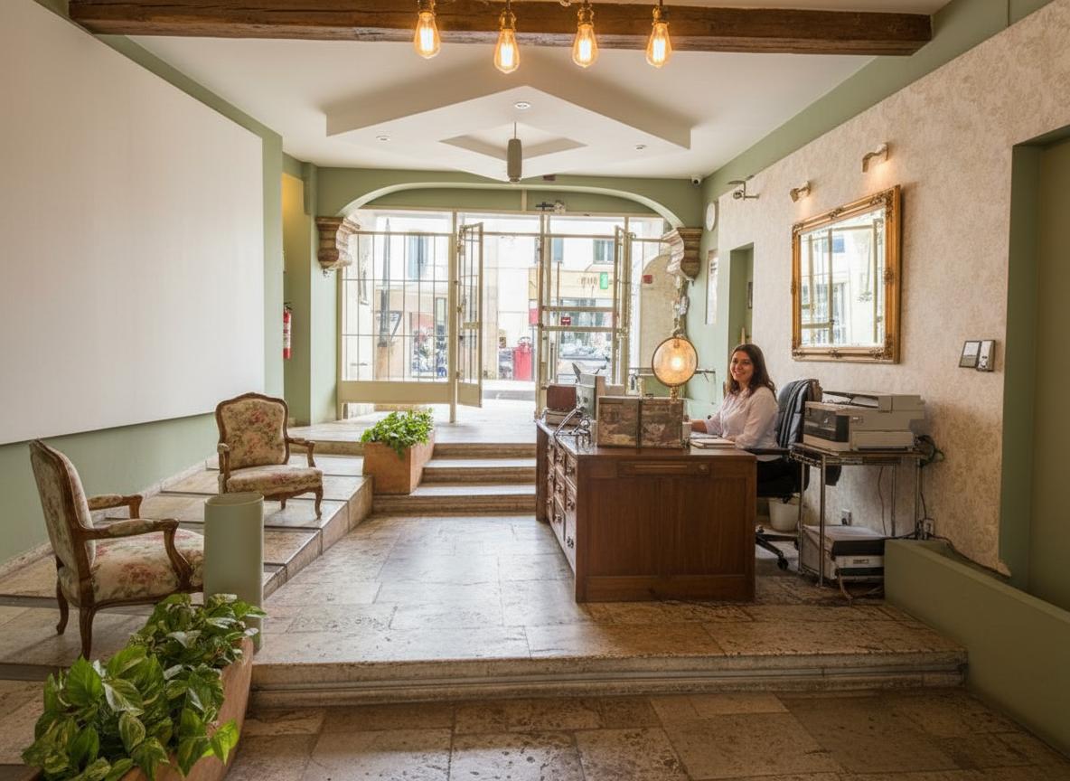 An incredibly lifelike, richly detailed, interior photograph of a hotel lobby set in a warm, spring midday. The scene is illuminated by bright, natural sunlight streaming from behind the viewer, casting subtle shadows and creating a cheerful, inviting atmosphere. Captured with a wide-angle lens, emphasizing the textures of worn, patterned stone flooring, exposed brick accents, and the soft, aged patina of vintage furniture.

The envisioned hotel lobby is a haven of shabby chic charm, where distressed wood meets plush, upholstered seating. Imagine worn, elegant armchairs covered in faded floral fabrics, nestled alongside a reclaimed wooden reception desk. The walls, instead of stark white, are a soft, muted sage green, providing a calming backdrop. Hanging lights, perhaps with wrought-iron details and Edison bulbs, cast a warm, golden glow. The ceiling features exposed wooden beams, adding to the rustic, lived-in feel.

The original green wall is replaced with a large, ornate mirror framed in antique gold, reflecting the abundant natural light and expanding the sense of space. The harsh blue wall behind the reception is softened with a textured wallpaper in a pale cream with subtle damask patterns. The reception desk itself is a repurposed, vintage dresser, its drawers now housing necessary office supplies, with a delicate porcelain