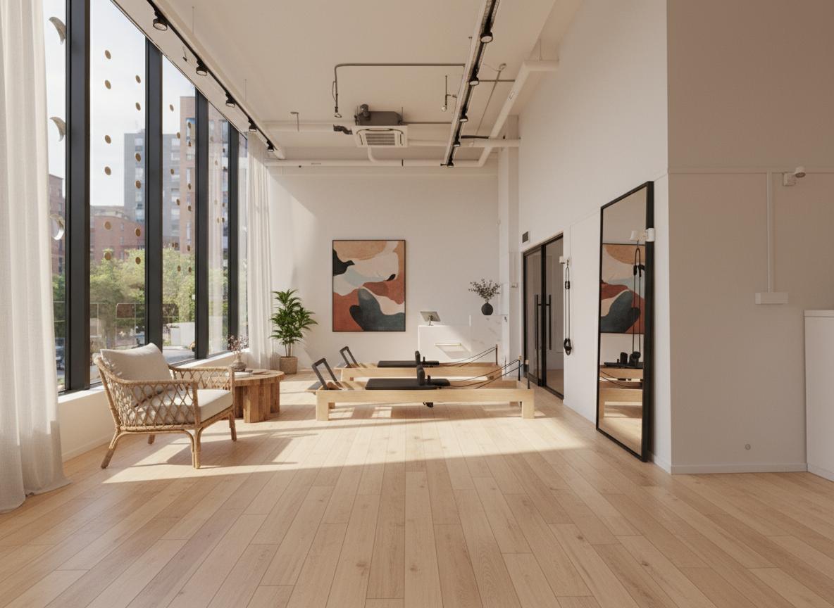 An incredibly lifelike, richly detailed interior photo of a cozy pilates studio set in a modern urban environment. The scene is illuminated by midday natural light streaming through large, black-framed windows, creating a warm and inviting atmosphere with soft shadows playing across the blonde wood flooring. Captured with a wide-angle lens, emphasizing the spaciousness and the rustic charm of the design, the focus is on the interplay of natural light, textured elements, and the functional elegance of fitness equipment.

The original design's clean white walls and blonde wood flooring are retained, forming a serene base. However, we're introducing a gentle warmth and a touch of boho chic. The large windows are softened by flowing, light linen curtains that diffuse the sunlight, casting a gentle glow throughout the space. The existing black door is complemented by a new, dark-framed mirror strategically placed to reflect light and expand the sense of space.

The arrangement of furniture and decor creates distinct functional zones while maintaining an open feel. The left side of the studio, bathed in the soft light from the windows, features a dedicated relaxation and consultation area. Here, a comfortable, woven rattan armchair with plush cream cushions sits beside a low, round reclaimed wood coffee table. A large, abstract painting with earthy tones and abstract