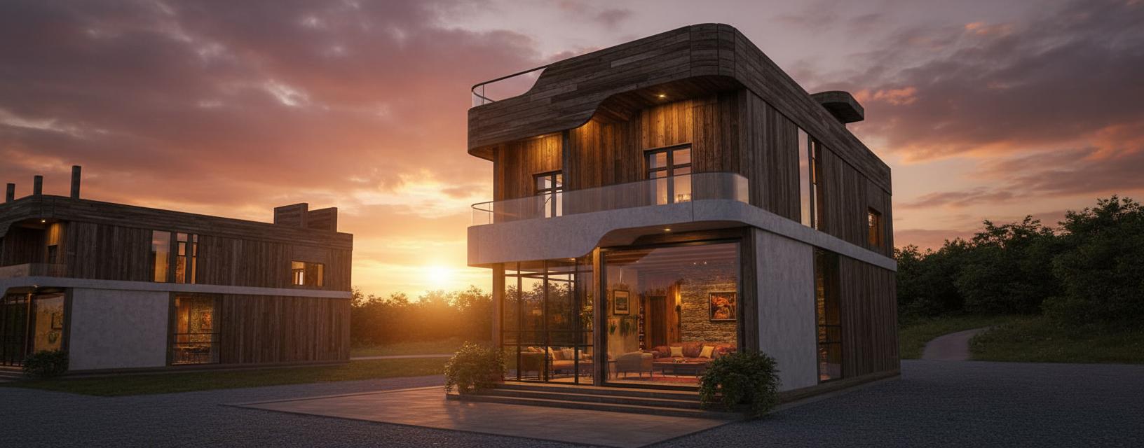 An incredibly lifelike, richly detailed, photorealistic architectural photograph of a rustic house exterior at sunset, seamlessly transitioning into its equally rustic interior design. The scene is illuminated by the warm, golden hues of the setting sun casting long shadows across the weathered wood siding and stone accents of the house. A soft, diffused light spills from the windows, hinting at the cozy, candlelit ambiance within, where exposed beams, natural wood finishes, and comfortable, worn furnishings create an inviting atmosphere. Captured with a wide-angle lens, emphasizing the sprawling nature of the property and the intricate textures of the materials, the photograph draws the viewer in, showcasing the seamless blend of indoor and outdoor living. The depth of field is shallow enough to keep the focus on the immediate architectural details, while the background subtly blurs into a warm, hazy expanse of deepening twilight, creating a mood of peaceful, timeless charm that feels like a curated piece trending on Pinterest.