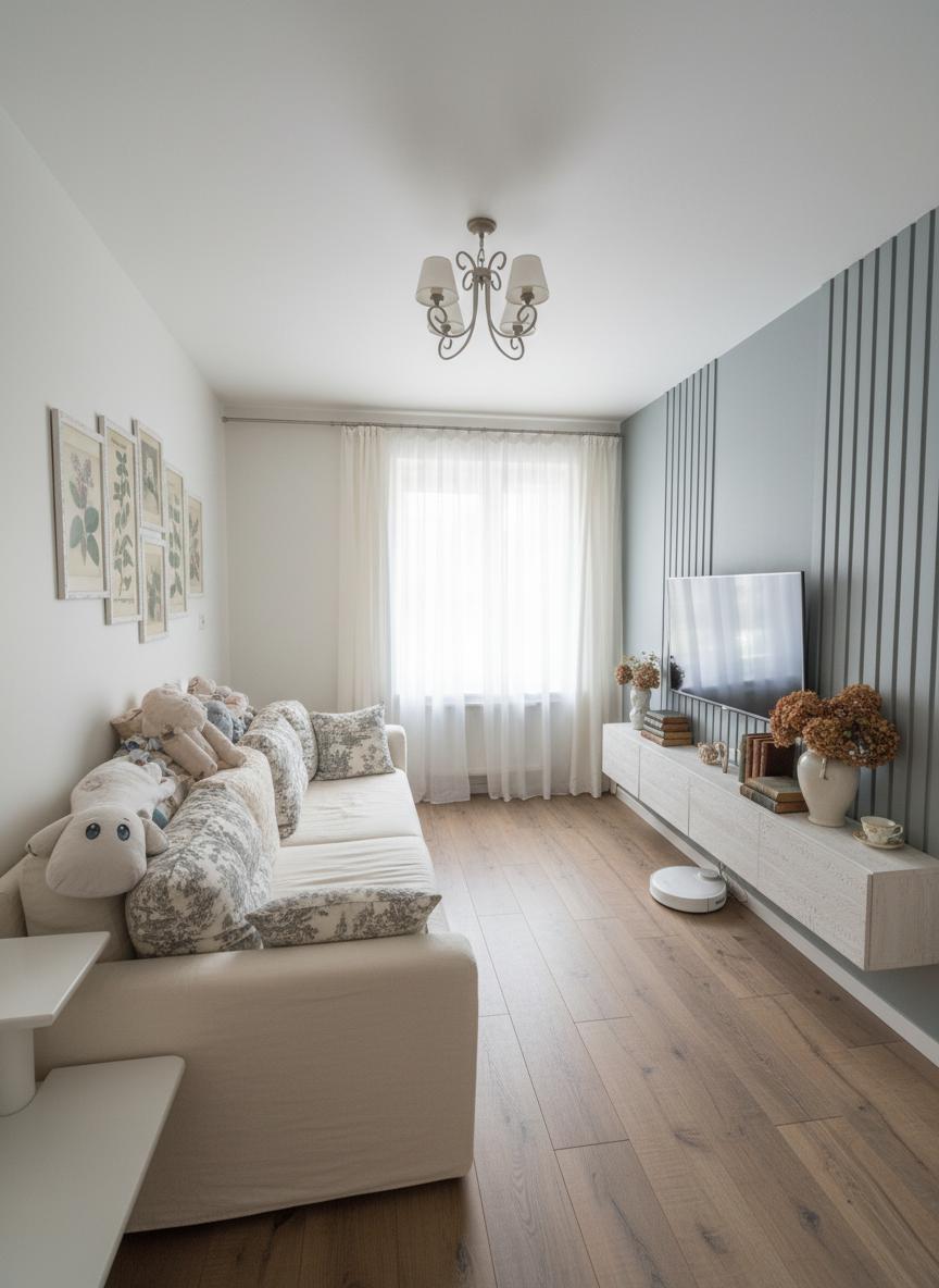 An incredibly lifelike, richly detailed, photorealistic interior photo of a living room set in a modern apartment. The scene is illuminated by soft, diffused natural light filtering through sheer white curtains, creating a tranquil and inviting atmosphere. Captured with a wide-angle lens, emphasizing the interplay of textures from the warm, weathered oak-style flooring to the slightly distressed linen curtains and the plush, deep navy sectional. Transforming this living room into a Shabby Chic haven would involve introducing a more muted, sophisticated color palette. Imagine replacing the bold blue sofa with a cream-upholstered sectional in a linen or slipcovered fabric, artfully adorned with an assortment of pillows featuring delicate floral patterns and subtle toile de Jouy prints. The wall art could shift from abstract pieces to vintage botanical prints or framed vintage photographs, adding a touch of nostalgic charm. The modern TV console would be replaced with a reclaimed wood console or a distressed white buffet credenza, its top laden with an eclectic mix of antique treasures like ceramic vases with dried wildflowers, weathered books, and perhaps a delicate porcelain teacup. The ceiling light fixture, currently geometric and modern, would be swapped for an ornate wrought-iron chandelier or a cluster of mason jar pendant lights, casting a warm, ambient glow. The vertical slat wall