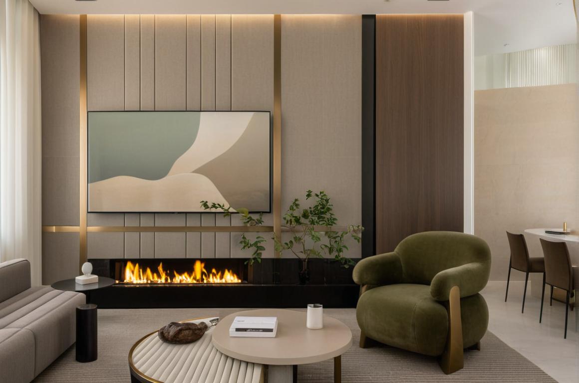 An incredibly lifelike, richly detailed, photorealistic interior photo of an ultra-luxury living room set in a modern urban high-rise. The scene is illuminated by the warm, golden glow of a linear fireplace and soft, diffused natural light filtering through sheer curtains, creating a warm, inviting, and opulent atmosphere. Captured with a wide-angle lens, emphasizing the sophisticated modern design, the plush textures of the olive green armchair, the subtle ribbing of the sectional, and the elegant interplay of light grey textured panels and vertical wooden slats. The focal point is the wall-mounted television displaying abstract art, hovering above the dancing flames of the sleek fireplace, framed by brushed bronze accents that gleam subtly. To the left, the light grey sectional sofa offers inviting comfort, its muted tones a perfect counterpoint to the richness of the olive green armchair opposite. A round coffee table, with its fluted base and light marble top, grounds the seating area, adorned with curated decorative objects. The space feels expansive yet intimate, designed for sophisticated relaxation and elegant gatherings, with the distant view through an adjacent dining area hinting at a larger, cohesive dwelling.