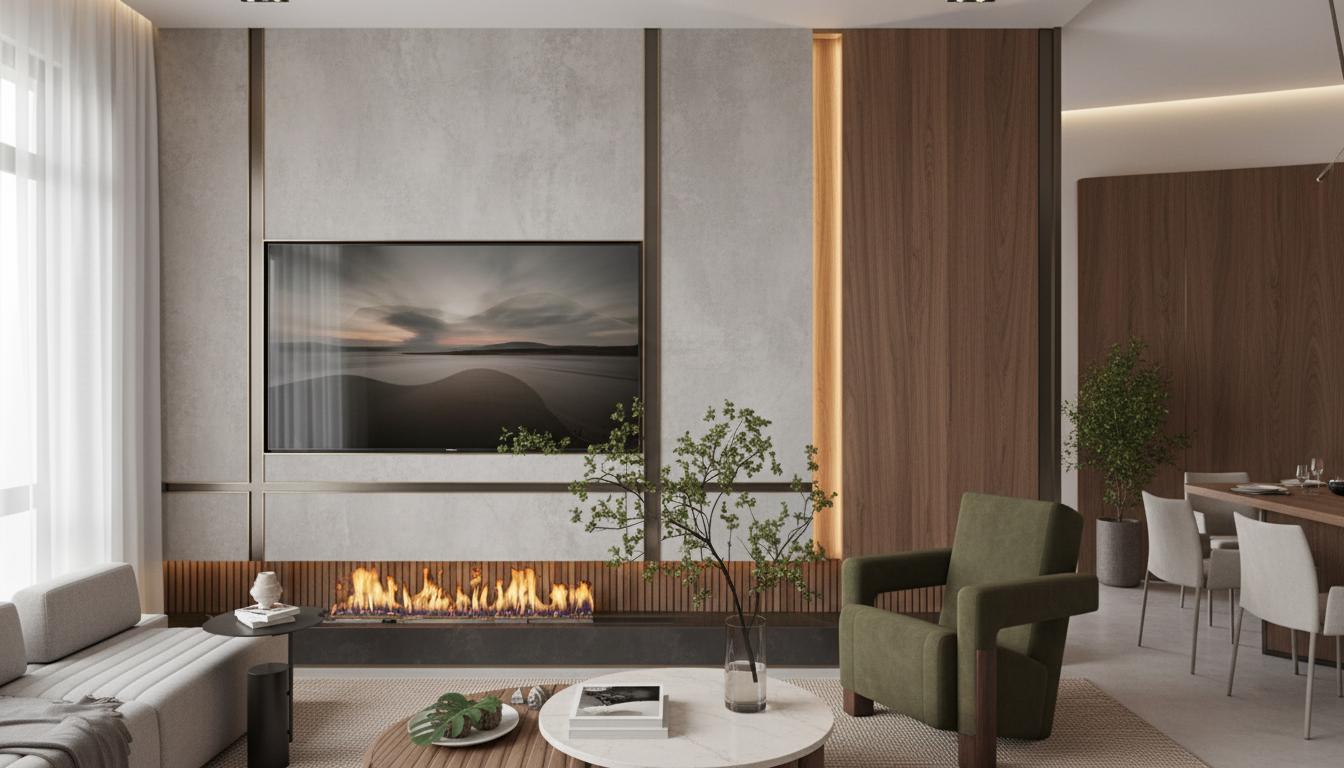 An incredibly lifelike, richly detailed, photorealistic architectural photo of an ultra-luxury living room set in a sophisticated modern interior, bathed in soft, natural light. The scene is illuminated by diffused daylight streaming through sheer white curtains on the left and integrated warm LED lighting along a feature wall, creating a warm, inviting, and opulent atmosphere. Captured with a wide-angle lens, emphasizing the spaciousness and the interplay of textures and sophisticated finishes. The focal points are a large, wall-mounted television displaying abstract art, set above a sleek, linear gas fireplace with dancing flames, all integrated into a striking feature wall composed of light grey textured panels and vertical wooden slats in warm brown tones, framed by a dark accent and subtle gold trim. To the left, a contemporary light grey sectional sofa with ribbing detail invites relaxation, complemented by a small, dark cylindrical side table. In the foreground, a round coffee table with a light top and a fluted base holds decorative items, including a book, a small bowl with a leaf, and a tabletop plant. Opposite the sofa, a plush, curvaceous single armchair in deep olive green fabric with distinctive dark wooden legs provides an accent of color and comfort. A slender-branched potted plant sits near the fireplace, adding a touch of