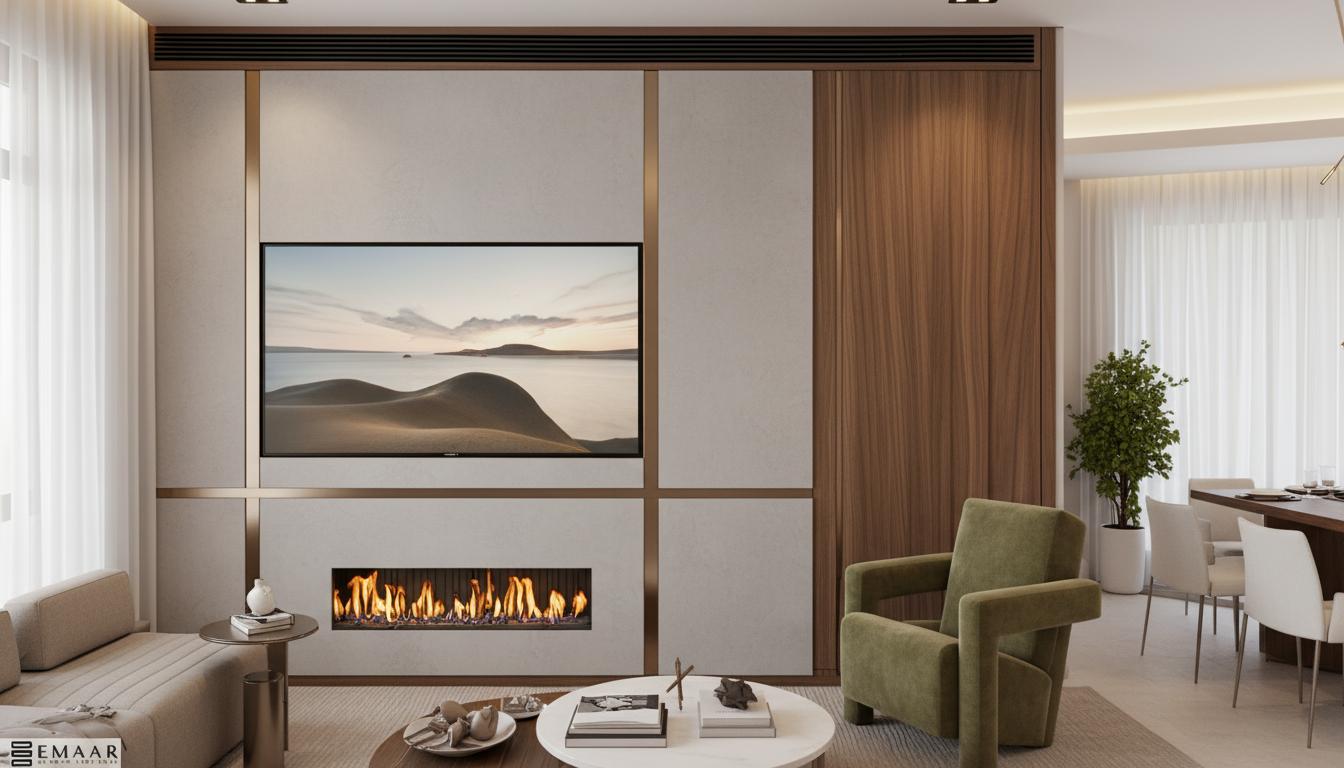 An incredibly lifelike, richly detailed, photorealistic interior photo of a sophisticated living area and dining space, blending modern elegance with a touch of shabby chic charm, set in a luxurious hotel lobby. The scene is illuminated by soft, diffused daylight streaming through sheer white curtains on the left, complemented by warm ambient lighting from subtle cove lighting in the ceiling and the flickering glow of a contemporary fireplace, creating a welcoming and serene atmosphere. Captured with a wide-angle lens from a slightly elevated perspective, emphasizing the spaciousness and the interplay of textures: the subtly textured, light gray walls accented with thin, brass-toned trim, the rich, vertically grained wood paneling, and the plush, neutral-toned upholstery of the sectional sofa and olive-green armchair. The rendering showcases exquisite attention to detail, from the intricate flame patterns within the fireplace to the delicate shadows cast by the modern coffee and side tables. In the foreground, a low, circular white coffee table displays artfully arranged books and decorative objects, while a rounded, olive-green armchair anchors the seating area. Beyond this, a long, polished wooden dining table is set with minimalist tableware and surrounded by sleek, white upholstered chairs, with a tall, potted plant adding a touch of natural greenery to the refined setting. The composition