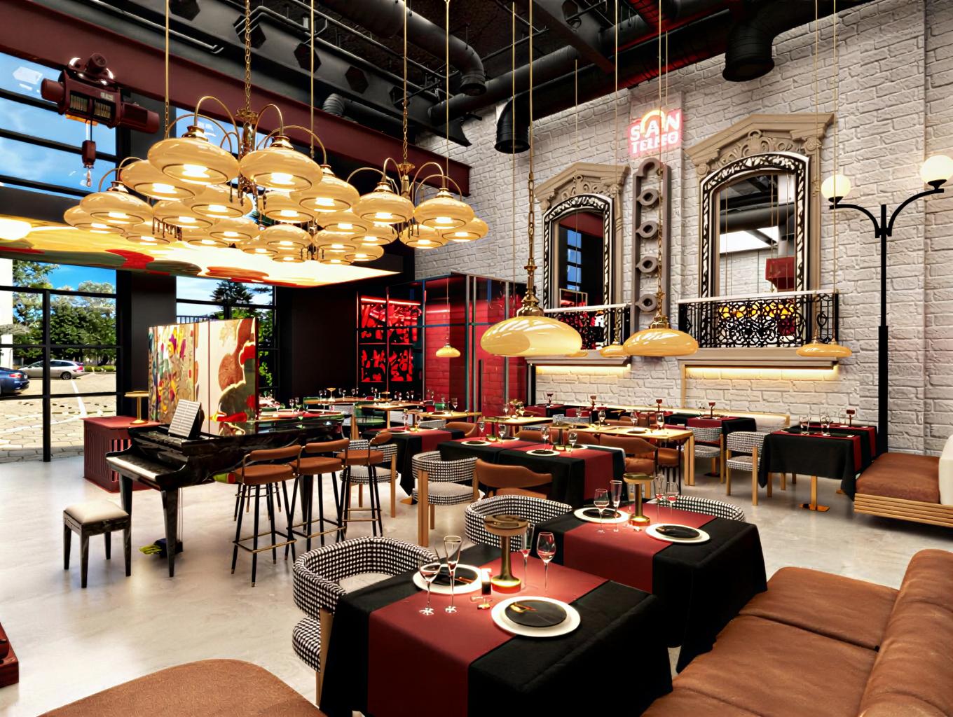 An incredibly lifelike, richly detailed, photorealistic interior shot of a modern restaurant interior set in an urban environment, possibly during daytime or early evening. The scene is illuminated by a combination of natural light streaming through large industrial windows and warm, ambient lighting from numerous pendant lamps and table lamps, creating a sophisticated and inviting atmosphere. Captured with a wide-angle lens, emphasizing the spaciousness and diverse textures of the design. The architecture blends industrial elements, such as exposed ductwork and a functioning hoist system, with more traditional and opulent touches, like ornate mirrored window frames and a classic grand piano. The textures are a key focus: the rough, whitewashed brick walls provide a striking contrast to the smooth, polished concrete floor, the sleek black piano, and the plush upholstery of the seating. The building's exterior, visible through the expansive windows, suggests a city setting with greenery and passing cars, grounding the interior design in a real-world context. Inside, the restaurant is meticulously set for dining, with tables draped in dark and crimson linens, set with elegant glassware and dinnerware, and illuminated by small, contemporary lamps. The composition skillfully balances the grand scale of the industrial ceiling features with the more intimate arrangements of the dining tables. The striking floral artwork above the entrance area and the decorative folding screen near the piano add vibrant bursts of color and artistic flair, enhancing the overall design's sophisticated yet lively character.
