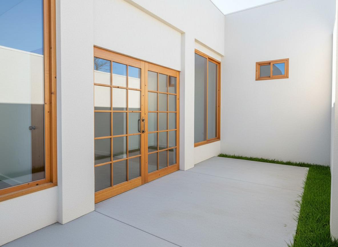 An incredibly lifelike, richly detailed, photorealistic interior photo of an outdoor patio set in a bright, sunny spring environment during midday. The scene is illuminated by crisp daylight, creating a clean and airy atmosphere. Captured with a wide-angle lens, emphasizing the natural wood framing of the expansive glass doors and windows, as well as the textured white stucco walls. The rendering showcases a vintage aesthetic, with the light wood grain of the door frames and simple metal handles offering a subtle nod to earlier design eras. A smooth, light gray concrete patio extends into the frame, bordered by vibrant, freshly cut grass that creates a distinct visual contrast. The composition draws the eye towards the large, multi-paned glass doors that hint at a well-lit interior space beyond. A small, rectangular window with a similar wooden frame is visible high on the right-hand wall, contributing to the minimalist yet warm ambiance. The overall effect is one of serene, uncluttered simplicity, trending on Pinterest for its clean lines and inviting outdoor living concept.