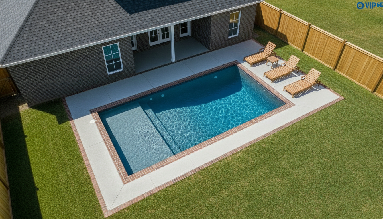 An incredibly lifelike, richly detailed, photorealistic overhead architectural photo of a modern home's backyard oasis set in a manicured suburban environment. The scene is illuminated by bright midday sun, casting crisp shadows and creating a vibrant, inviting atmosphere. Captured with a slightly elevated, wide-angle perspective, the rendering emphasizes the spaciousness of the patio area and its seamless integration with the surrounding, neatly trimmed green lawn and a warm-toned wooden fence. The centerpiece is a rectangular swimming pool, its crystal-clear blue water shimmering with realistic light refractions on the water's surface, hinting at both depth and coolness. The pool is bordered by a light grey concrete deck, framed by a subtle brick coping that adds a touch of rustic elegance. Adjacent to the pool, sophisticated wooden lounge chairs and a small side table are arranged, suggesting a perfect spot for relaxation. The rear of a dark, grey brick house is visible, featuring classic white-framed windows and a covered patio area, grounding the scene with a sense of domestic comfort. The overall composition is balanced, drawing the eye from the architectural elements to the inviting waterscape and hinting at a luxurious, yet practical, lifestyle.