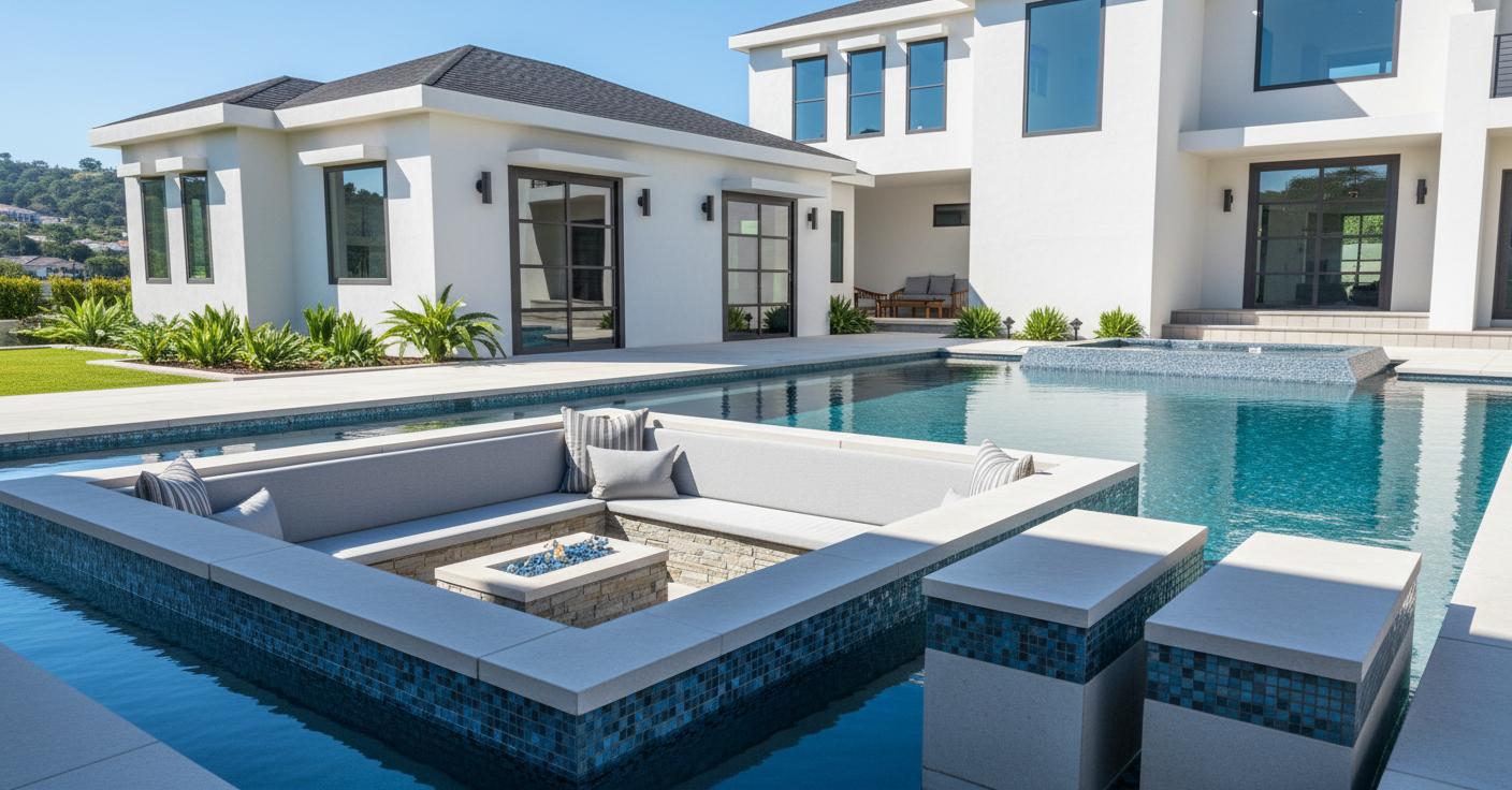 An incredibly lifelike, richly detailed, photorealistic architectural photo of a contemporary house exterior set in a lush, green hillside environment. The scene is illuminated by bright midday sun, creating a vibrant and luxurious atmosphere, captured with a wide-angle lens emphasizing the vastness of the property and its integration with nature. Sleek white walls, expansive glass facades, and dark, modern roofing define the structure's clean lines and balanced asymmetry. A prominent multi-level pool and spa dominate the foreground, its crystal-clear, blue water reflecting the azure sky and scattered white clouds, with a submerged seating area featuring a contemporary fire pit as the central focal point, complete with stone accents and plush seating. The pool is detailed with shimmering blue mosaic tiles along its edges and sides, and integrated concrete stepping stones emerge from the water, leading towards the house. Paved patio areas surround the pool, furnished with modern outdoor seating visible in the distance under a covered patio, hinting at spaces for entertainment and relaxation. Lush, manicured landscaping with a variety of green plants and trimmed grass beautifully complements the architectural design, seamlessly blending the man-made structures with the natural hillside setting. The perspective draws the viewer's eye across the inviting pool towards the impressive, multi-story residence, highlighting the scale and opulent design of the property.