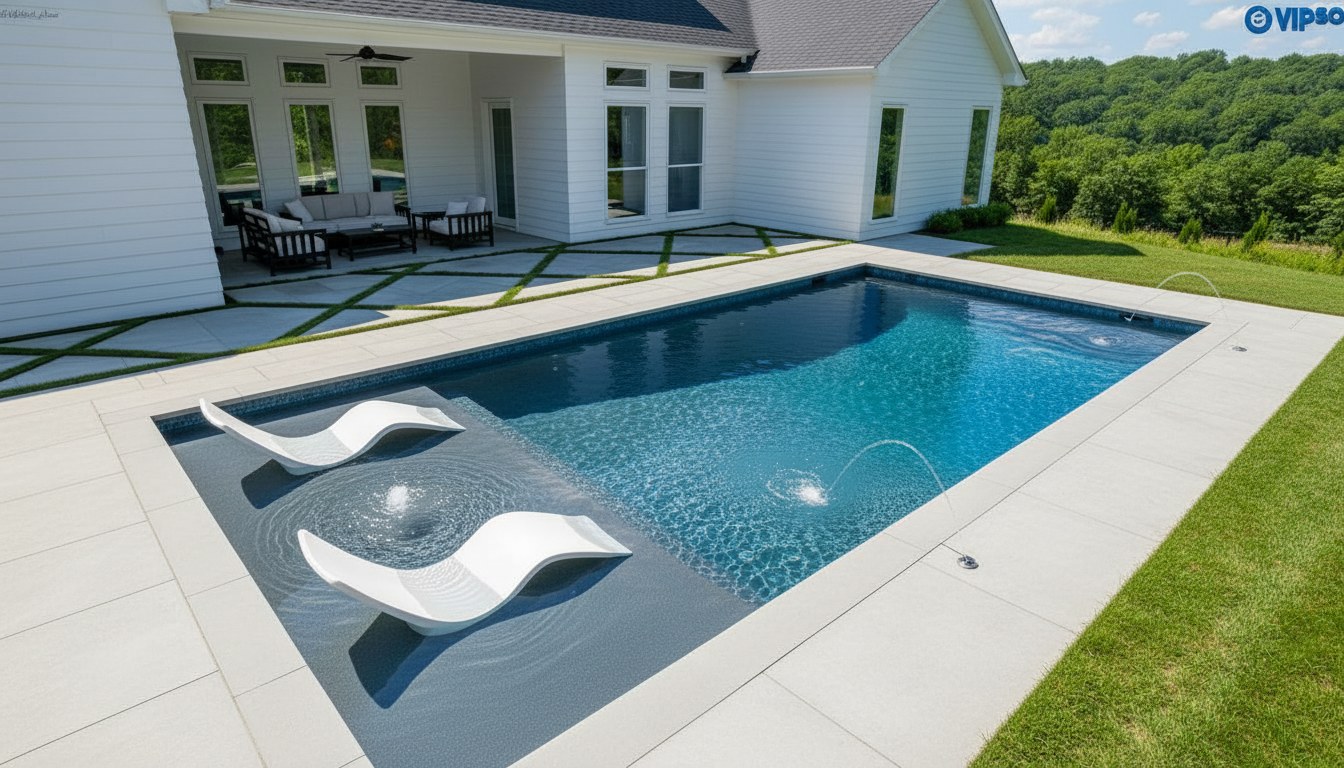 An incredibly lifelike, richly detailed, photorealistic architectural photo of a contemporary house exterior set in a lush, green hillside environment. The scene is illuminated by bright midday sun, creating a vibrant and luxurious atmosphere. Captured with a wide-angle lens emphasizing the vastness of the property and its integration with nature with well-maintained grass lawn. The composition showcases the multi-leveled structure cascading down the slope, with a prominent pool reflecting the blue sky and fluffy clouds. The building commands attention with its clean lines and balanced asymmetry, creating a harmonious aesthetic that invites relaxation and enjoyment of the picturesque surroundings. The pristine white siding of the house contrasts beautifully with the deep blue of the pool water, while the mosaic tile accent along the pool's edge adds a touch of subtle elegance. Two modern white lounge chairs are partially submerged in the shallow section of the pool, hinting at ultimate comfort and leisure. The surrounding patio area features a chic outdoor seating arrangement and a unique geometric paving pattern with lush green infill, further enhancing the sense of modern luxury and connection to the verdant landscape. The overall impression is one of sophisticated tranquility and effortless indoor-outdoor living, perfectly capturing the essence of modern upscale residential design.