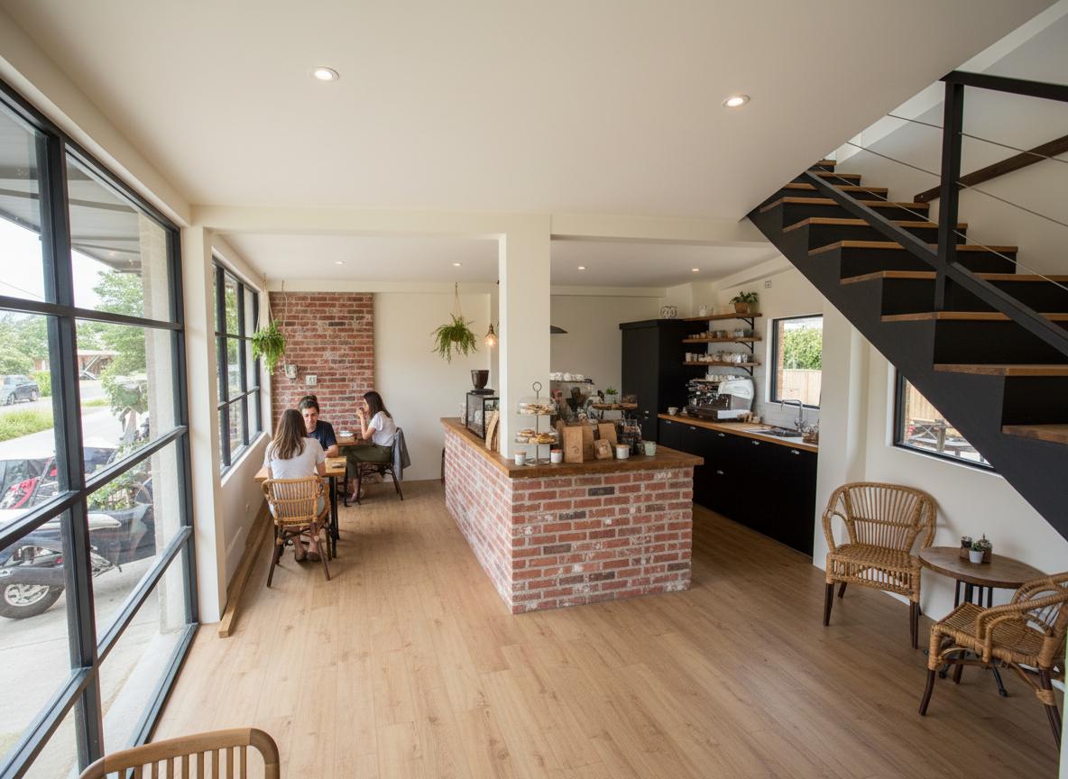 An incredibly lifelike, richly detailed, wide-angle interior photograph of a bustling cafe's ground floor set in a suburban environment. The scene is illuminated by bright midday summer light streaming through expansive floor-to-ceiling windows, creating a warm and inviting atmosphere. Captured with a medium-telephoto lens, emphasizing the textures of repurposed wood, woven rattan, and smooth clay bricks.

This reimagined space embraces a shabby chic aesthetic, transforming the raw, unfinished former office into a vibrant, open-concept cafe. The original concrete floor is now overlaid with a distressed, light oak laminate, providing warmth and character. Walls are painted in a soft, creamy off-white, punctuated by exposed brickwork sections in a desaturated terracotta hue, particularly around the newly formed service counter. This counter, a focal point across the room, features a base clad in thin, natural clay bricks, topped with a worn, butcher-block style surface, perfect for displaying pastries and coffee accoutrements.

The layout is designed for both efficiency and ambiance. The back wall has been transformed into a functional, stylish open kitchen. Sleek, matte black cabinetry lines the wall, contrasting with open shelving made of reclaimed timber, showcasing a curated collection of ceramic mugs and jars. The kitchen is