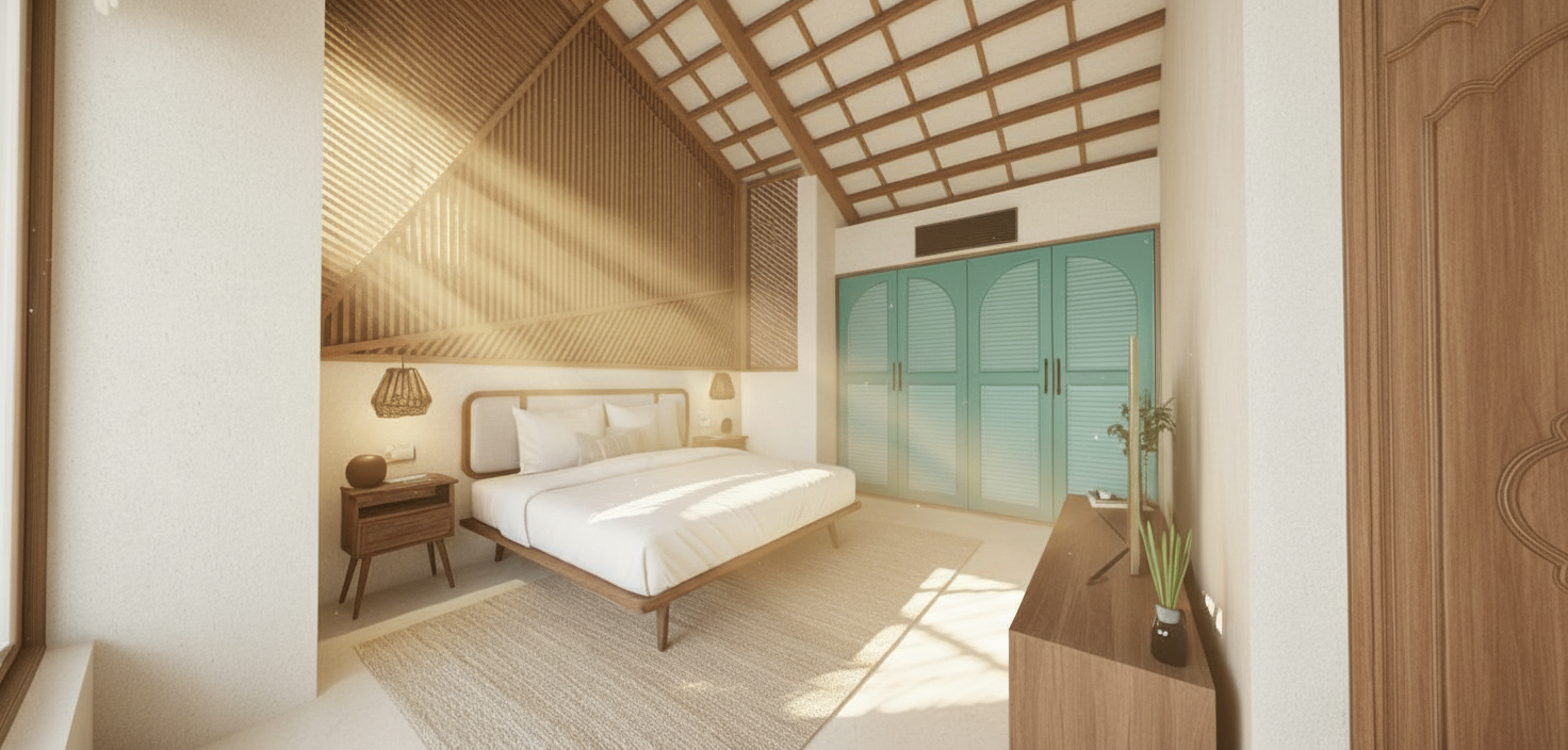 An incredibly lifelike, richly detailed, photorealistic interior photo of a tropical Balinese modern bedroom, evoking a serene Japanese Zen atmosphere. The scene is illuminated by soft midday summer light filtering in subtly, creating a tranquil and inviting mood. Captured with a wide-angle lens on a medium-resolution camera, the rendering emphasizes the contrasting textures of the rough, light-colored plaster walls, the warm, slatted wooden ceiling panels, and the intricately woven bamboo accent window behind the bed. The focal point is a low-profile bed dressed in crisp white linens, adorned with subtly patterned throw pillows, suggesting luxurious comfort. To the right, a striking floor-to-ceiling wardrobe with arched, aqua-colored doors framed by dark wood stands as a bold statement piece. The contrasting elements, from the rustic wooden beams of the pitched ceiling to the modern television on a sleek wooden dresser, harmoniously blend to create a sophisticated yet earthy aesthetic. The perspective draws the eye from the detailed antique-varnished wooden door frame on the right, leading into the spacious, uncluttered room, where the precise lines of the furniture and the thoughtful placement of a small potted plant contribute to the overall sense of calm and order. Subtle shadows, rendered with soft diffusion, play across the textured surfaces and the woven area rug, adding depth and an almost tangible realism to the environment.