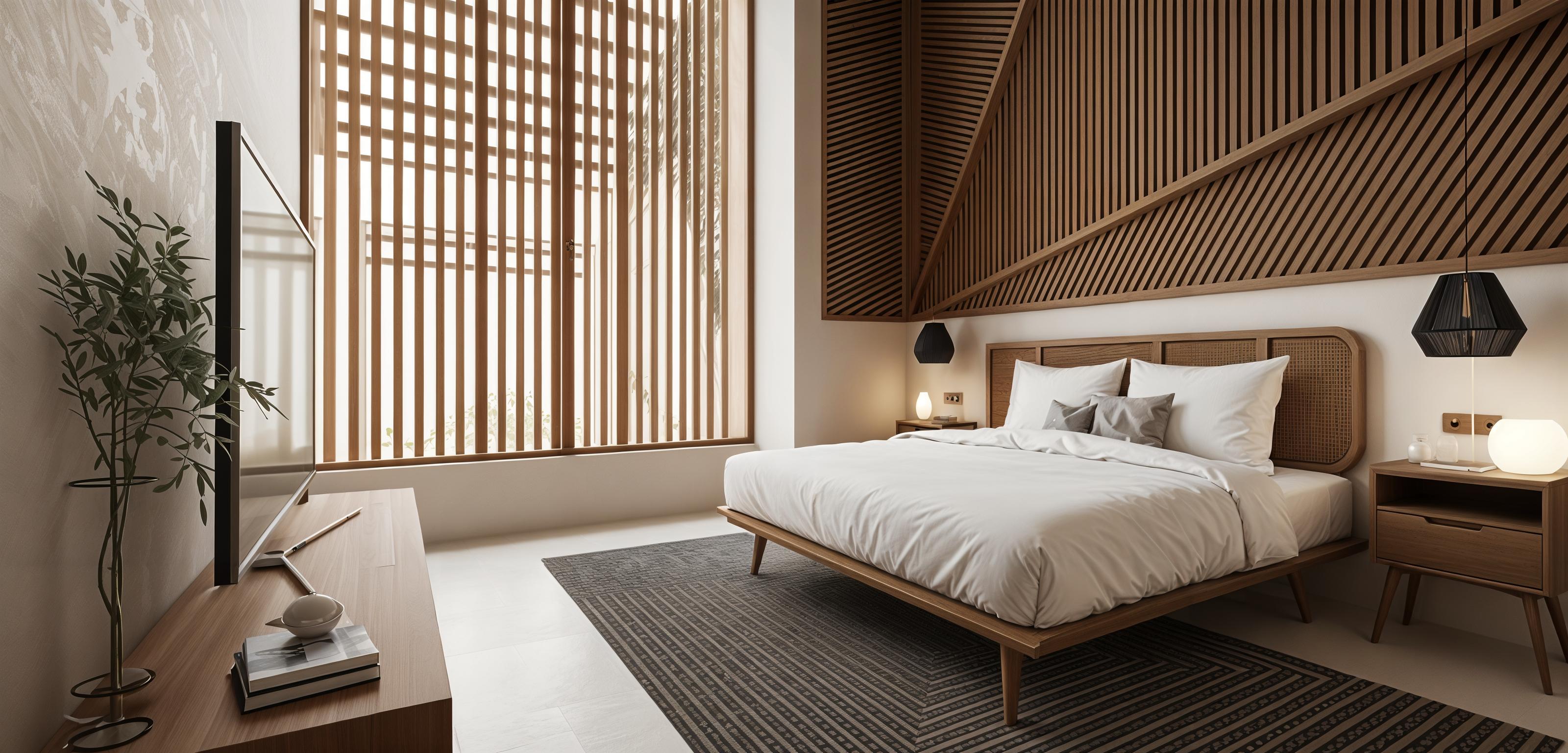An incredibly lifelike, richly detailed, photorealistic interior photo of a tropical Balinese modern bedroom, evoking a serene Japanese Zen atmosphere. The scene is illuminated by soft midday summer light filtering in subtly through a large window with vertical wooden louvers, creating a tranquil and inviting mood. Captured with a wide-angle lens on a medium-resolution camera, the rendering emphasizes the contrasting textures of the rough, light-colored plaster walls, the warm, slatted wooden ceiling panels in an angular, modern geometric pattern above the bed, and the intricately woven bamboo accent behind the headboard. The focal point is a low-profile bed dressed in crisp white linens, adorned with subtly patterned throw pillows, suggesting luxurious comfort. To the left, a sleek dark wood dresser holds a modern television and a delicate potted plant in a wire stand, adding a touch of life. The contrasting elements, from the rustic wooden beams of the pitched ceiling to the modern television, harmoniously blend to create a sophisticated yet earthy aesthetic. The perspective draws the eye from the foreground towards the large window and the architectural details of the room's finishes. Subtle shadows, rendered with soft diffusion, play across the textured surfaces and the dark woven area rug, adding depth and an almost tangible realism to the environment.