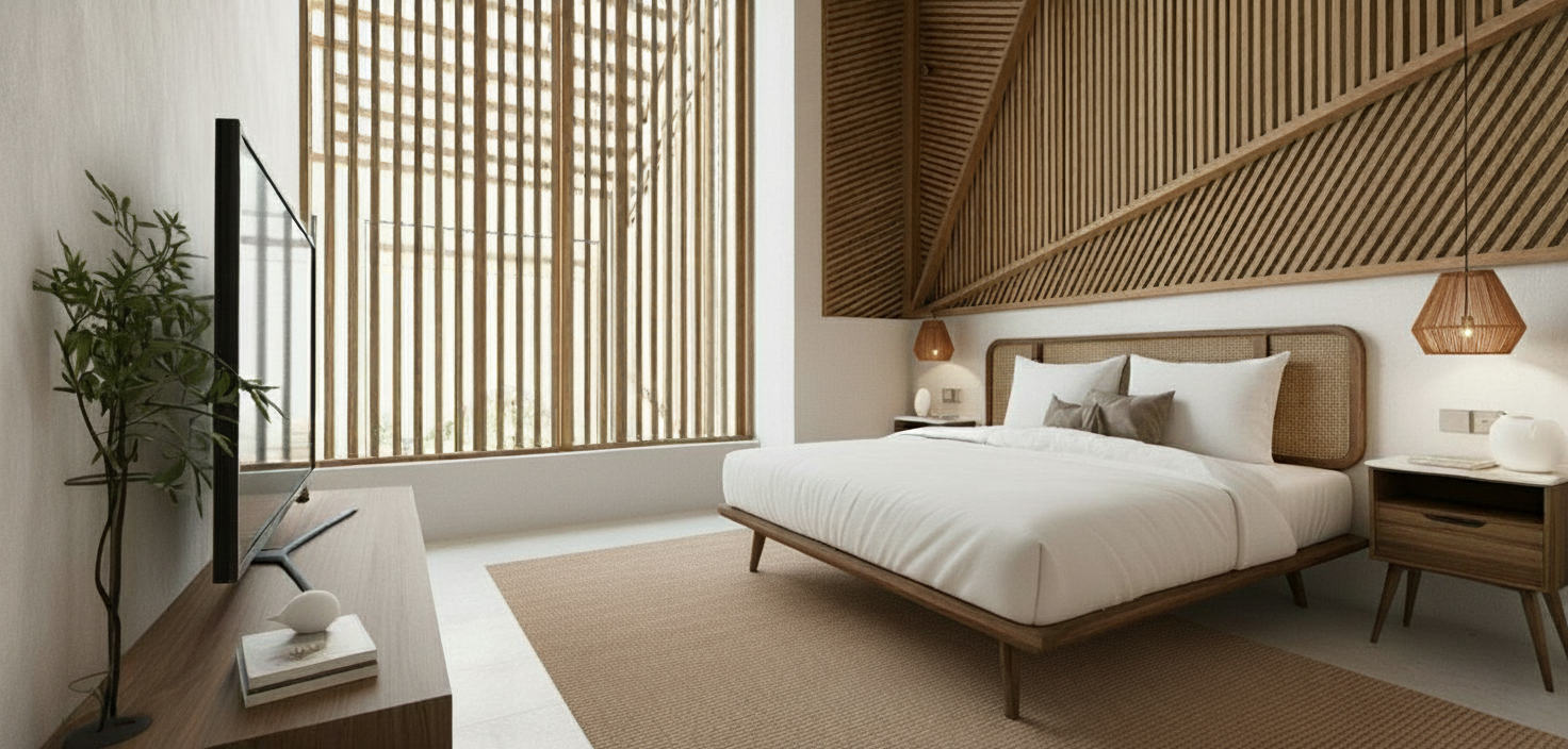 An incredibly lifelike, richly detailed, photorealistic interior photo of a tropical Balinese modern bedroom, evoking a serene Japanese Zen atmosphere. The scene is illuminated by soft midday summer light filtering in subtly through a large window with slatted wooden blinds, creating a tranquil and inviting mood. Captured with a wide-angle lens on a medium-resolution camera, the rendering emphasizes the contrasting textures of the rough, light-colored plaster walls, the warm, slatted wooden ceiling panels with their geometric patterns, and the intricately woven bamboo accent behind the headboard. The focal point is a low-profile king-sized bed dressed in crisp white linens, adorned with subtly patterned throw pillows in earthy tones, suggesting luxurious comfort. To the left, a sleek, dark wooden dresser supports a modern flat-screen television and a delicate potted plant in a wire stand, adding a touch of nature. To the right of the bed, a small, minimalist nightstand with a marble top and wooden drawer holds understated decorative items. The precise lines of the wooden furniture and the thoughtful placement of elements contribute to the overall sense of calm and order. Subtle shadows, rendered with soft diffusion, play across the textured surfaces and the dark, woven area rug, adding depth and an almost tangible realism to the environment, making it feel like a peaceful sanctuary.