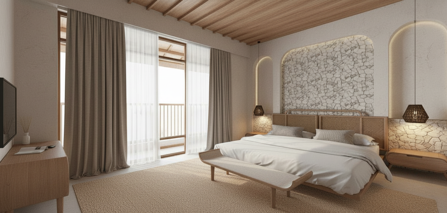 An incredibly lifelike, richly detailed, photorealistic interior photo of a tropical Balinese modern bedroom, evoking a serene Japanese Zen atmosphere. The scene is illuminated by soft midday summer light filtering in subtly through large, floor-to-ceiling windows draped with light, sheer curtains and heavier, textured taupe drapes, creating a tranquil and inviting mood. Captured with a wide-angle lens on a medium-resolution camera, the rendering emphasizes the contrasting textures of the rough, light-colored plaster walls, the warm, slatted wooden ceiling panels, and the intricately woven bamboo detail on the headboard. The focal point is a low-profile bed dressed in crisp white linens, adorned with subtly patterned throw pillows, suggesting luxurious comfort. To the right of the bed, an arched wall paneling of natural, light-colored stone adds a rustic touch, complemented by a contrasting woven pendant light hanging overhead. Beside the bed, a rounded, wooden nightstand with clean lines echoes the organic forms found throughout the room. Visible on the left is a sleek, modern television mounted on a minimalist wooden dresser, contrasting with the overall organic and textured aesthetic. The scene is grounded by a large, dark woven area rug under the bed, further enhancing the tactile quality of the space. Subtle shadows, rendered with soft diffusion, play across the textured surfaces and the woven area rug, adding depth and an almost tangible realism to the environment. The overall impression is one of sophisticated, earthy tranquility.