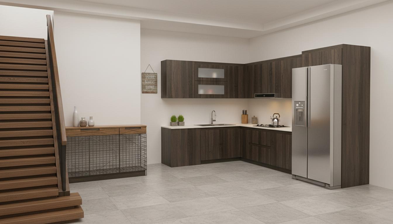 An incredibly lifelike, richly detailed, photorealistic interior photo of a chic, shabby chic kitchen. The scene is illuminated by soft, ambient light, creating a warm and inviting atmosphere that whispers comfort and nostalgia. Captured with a wide-angle lens, this shot emphasizes the rustic textures of the dark, vertically grained cabinetry that forms an L-shaped layout around a sleek, modern sink and faucet. Above, a minimalist dark-toned overhead cabinet with subtle frosted glass panels provides a sophisticated contrast. A substantial stainless-steel refrigerator anchors the corner, its surface showing faint reflections of the surrounding space. To the left, a striking staircase with warm wooden treads and a simple railing draws the eye, leading upwards and hinting at a larger, multi-level dwelling. A delicate, wire-frame cabinet with a minimalist wooden countertop sits adjacent to the staircase, adding an artistic, unfinished element characteristic of the shabby chic aesthetic. The walls are painted a clean, neutral white, allowing the curated elements of the kitchen to take center stage. The composition expertly balances functional kitchen design with the charming, lived-in elegance associated with shabby chic interiors, making it feel like a trending Pinterest inspiration board brought to life.