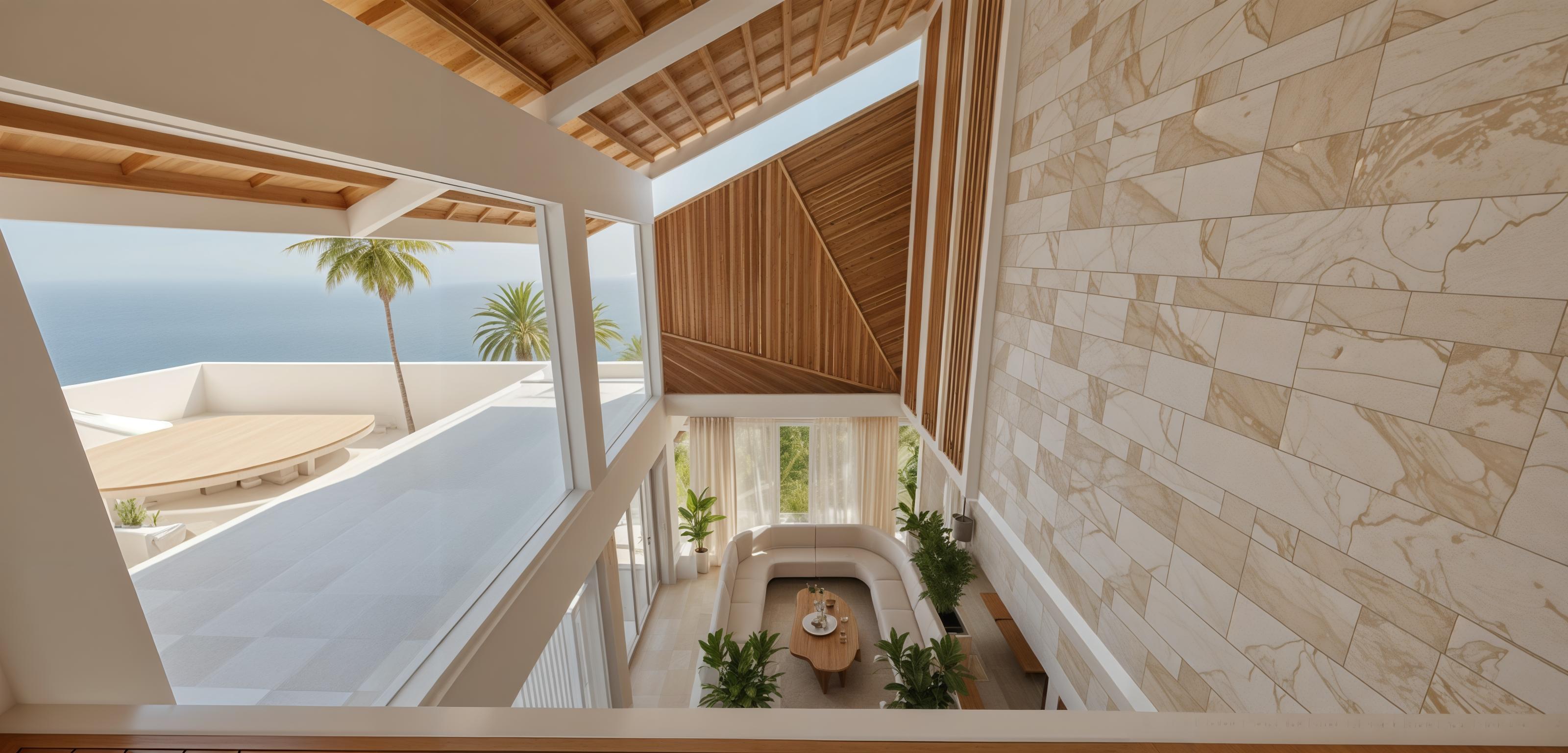 An incredibly lifelike, richly detailed, photorealistic interior photo of a spacious living room set in a tranquil, summery environment. The scene is illuminated by bright midday sun, creating a warm and inviting atmosphere. Captured with a wide-angle lens, emphasizing the airy volume and the interplay of natural materials. The dominant architectural feature is a striking, angular ceiling clad in warm-toned wooden slats, contrasted by a textured stone wall on the right that adds a rustic, grounded feel. In the center of the room, a unique, curved seating arrangement in a creamy, soft upholstery embraces a freeform wooden coffee table adorned with a delicate potted plant. Lush greenery spills from planter boxes surrounding the seating, enhancing the connection to the outdoors, suggested by the palm tree visible through the glass facade on the left. The overall design evokes a shabby chic aesthetic with its blend of relaxed textures, organic shapes, and an emphasis on natural light and botanical elements, making it a space that feels both sophisticated and comfortably lived-in, trending on Pinterest for its serene and stylish appeal.