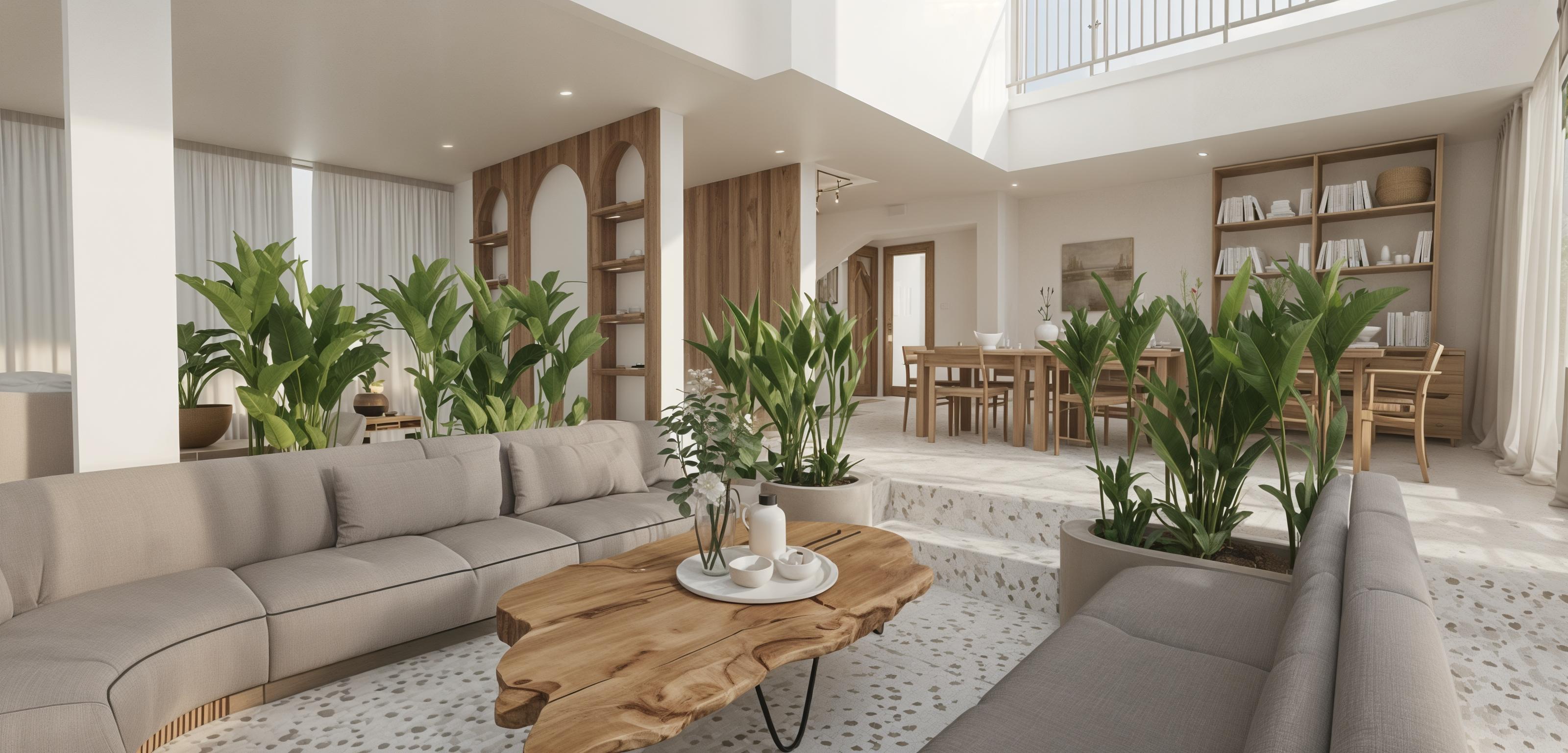 An incredibly lifelike, richly detailed, photorealistic interior photo of a spacious and airy living room set in a chic, sun-drenched summer midday. The scene is illuminated by ample natural light streaming in from large windows and an open-concept layout, creating a bright and welcoming atmosphere. Captured with a wide-angle lens, this image emphasizes the unique textures and details of the shabby chic design. The living area features comfortable, textured grey sofas arranged around a striking, organic live-edge wood coffee table adorned with minimalist decor, including a clear glass vase with delicate greenery and a curated selection of objects on a wooden tray. The flooring is a speckled terrazzo, offset by strategically placed planters filled with lush, vibrant tropical foliage that brings a touch of nature indoors. Archways leading to a dining area and stairwell add architectural interest, with the dining space showcasing a warm wooden table and chairs. A tall, built-in wooden bookshelf, filled with neatly arranged books, anchors one side of the room, complementing the overall shabby chic aesthetic with a touch of understated elegance. The scene evokes a sense of relaxed sophistication, trending on Pinterest, with its blend of natural materials, comfortable furnishings, and abundant greenery.