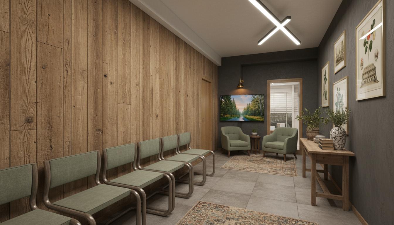 An incredibly lifelike, richly detailed, photorealistic wide-angle interior shot of a minimalist office corridor area, set within a modern office building. The scene is illuminated by subtle, diffused overhead lighting with occasional directional spotlights, creating a calm and focused atmosphere. Captured with a wide-angle lens that emphasizes the clean lines and spaciousness, highlighting the interplay of brushed metal, textured plaster, and polished concrete.

The original design, with its stark monochrome palette and minimalist seating, speaks to a certain utilitarian efficiency. However, to infuse it with a "shabby chic" sensibility while maintaining its office function, we can introduce a warmer, more inviting aesthetic. Imagine the brushed metal wall panels being replaced with distressed, reclaimed wood planks in a soft, aged oak finish, still arranged vertically but with visible grain and minor imperfections that tell a story. The high sheen of the black marble panels could be softened into a matte, charcoal-colored Venetian plaster, adding a subtle depth and a slightly worn, artistic texture.

The stark white benches are reimagined as custom-built seating modules, upholstered in a natural linen fabric in a muted sage green or a warm taupe. Each module would have a slightly overstuffed, comfortable appearance, perhaps with subtle tufting or piping that hints at a vintage feel. Instead of rigid lines, the seating would be arranged organically, creating intimate nooks within the corridor. For instance, a longer bench could be placed against the reclaimed wood wall, complemented by an armchair or two in a complementary vintage-inspired fabric, positioned to face a more open area or a digitally rendered window displaying a soft, dappled forest scene at dawn.

The floor, currently a smooth concrete, could be softened with large-format, textured porcelain tiles that mimic aged concrete or natural stone, perhaps with a subtle, uneven patina. Small, strategically placed Persian-style rugs with faded patterns in muted jewel tones could break up the expanse and add warmth and visual interest. The ceiling lighting, while remaining functional, could be supplemented by wall sconces with aged brass or wrought iron detailing, casting a warmer, more ambient glow and creating softer shadows.

Decorative elements become key to this shabby chic transformation. The stark, abstract black paintings on the white wall are replaced by a curated collection of framed botanical prints or vintage architectural sketches. Small, antique-style wooden consoles or a weathered metal étagère could be introduced, adorned with potted plants with trailing foliage, ceramic vases with a crackled glaze, and perhaps a few well-chosen books. The overall atmosphere would shift from one of sterile efficiency to a welcoming, curated space that evokes a sense of calm contemplation and creative energy, as if one has stepped into a beautifully aged library or a serene studio on a quiet, overcast morning. Human scale is considered through the varied seating arrangements and the introduction of softer textures, making the corridor feel less like a sterile passageway and more like a series of interconnected, comfortable spaces.