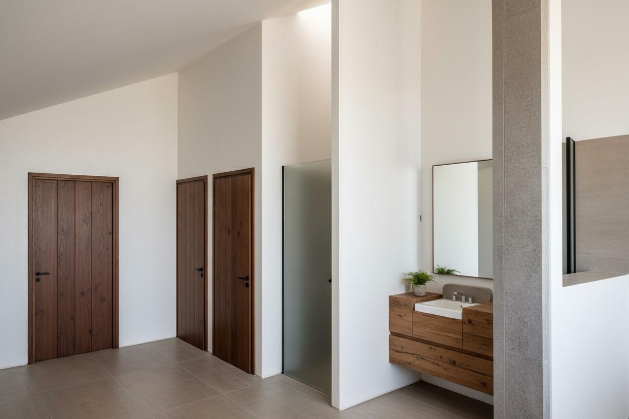 An incredibly lifelike, richly detailed, interior photo of a bathroom with rustic undertones. The scene is illuminated by soft, natural light, possibly from a concealed window or skylight, creating a serene and inviting atmosphere. Captured with a wide-angle lens, the perspective emphasizes the stark white walls and imposing rectangular columns that punctuate the space, their clean lines contrasting with the implied textured materials of a rustic design, such as wood or stone accents on the vanity. The ceiling is a clean white, with the walls seamlessly integrating into it, showcasing a thoughtful architectural detail where the interior planes meet. To the right, a minimalist sink sits atop a dark, textured vanity, with a large, Framed mirror above, reflecting the soft light. Adjacent to this, a shower enclosure is suggested behind a partial wall, hinting at more functional spaces within the bathroom. Further into the depth of the image, two dark, solid doors are visible against a white wall, adding a sense of enclosure and mystery to the layout. The overall composition is clean and modern, yet the subtle suggestion of rustic materials and the diffused lighting imbue the rendering with a grounding, earthy feel.