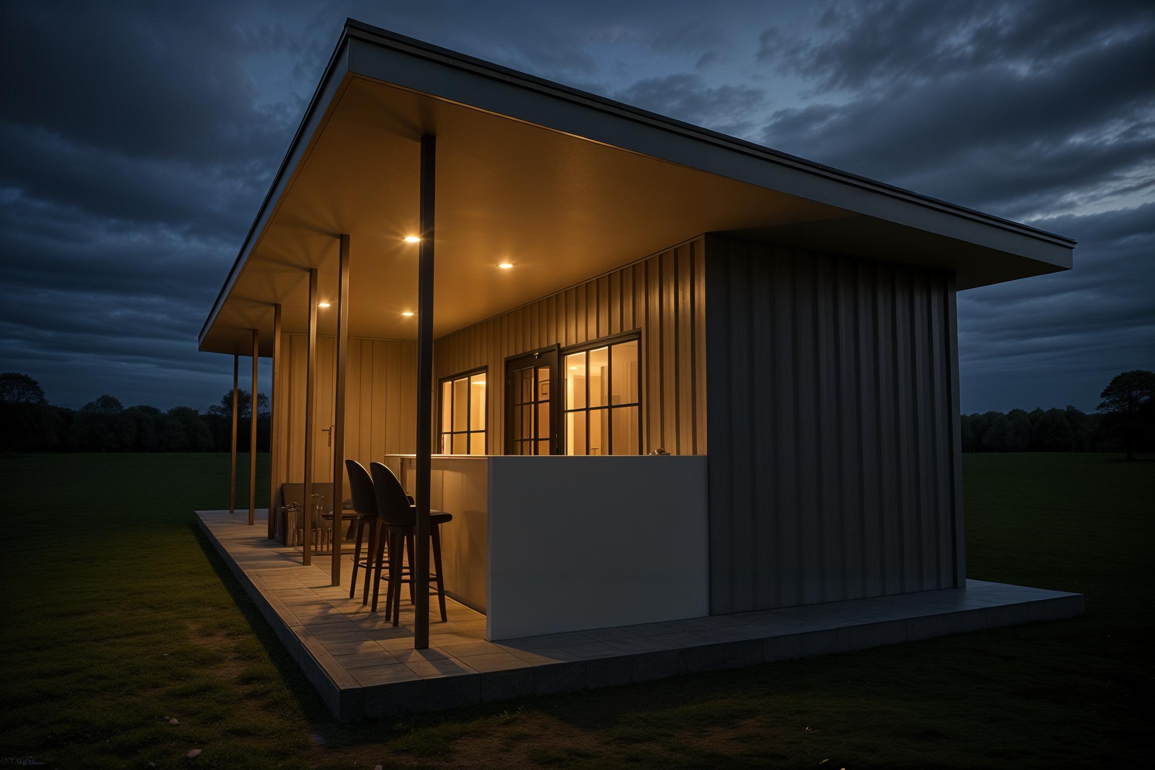 The photo presents a striking architectural rendering of a converted container tiny home at dusk, exuding a rustic charm. The exterior features a corrugated metal facade, reminiscent of a 40-foot container, painted in shades of grey and white, with a long, gently sloping corrugated metal roof supported by sleek steel metallic poles. An outdoor dining and lounge area is defined by a stone tile floor, where elegant bar stools line up against the outdoor bar counter, offering a space for gatherings. Large, black-framed windows and doors illuminate the interior with a warm glow from the internal lighting. The setting is a rural neighbourhood, with hints of green grass in the foreground and subtle external lighting, setting a tranquil and inviting atmosphere. The dusk lighting casts long shadows, accentuating the textures and details, giving the impression of a welcoming, functional, and stylish living space.