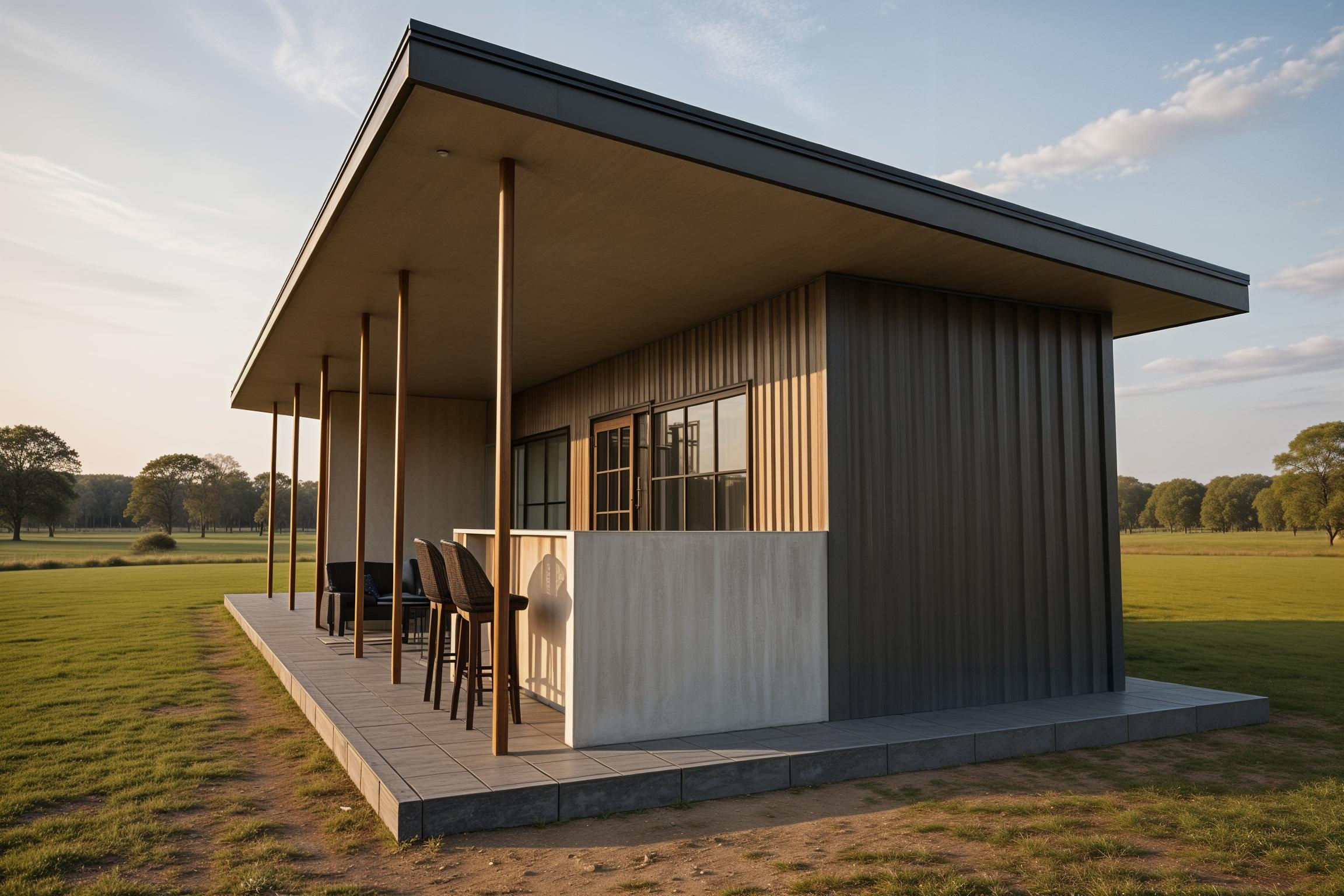 The photo captures a rustic, photorealistic rendering of a converted 40-foot container serving as a tiny home, seamlessly blending indoor and outdoor living. The exterior showcases a corrugated metal facade, suggesting a weathered, industrial aesthetic, with a generous overhang extending over an outdoor lounge and dining area. Supporting the corrugated roof are slender, steel metallic poles, adding to the design's raw aesthetic, and the flooring is paved with large stone tiles. The outdoor space features a sleek bar and comfortable seating, inviting relaxation and social interaction. The backdrop depicts a serene rural neighborhood, the green lawn providing a counterpoint to the metallic and stone textures. The composition highlights a harmonious fusion of rugged materials and refined design, creating a stylish and inviting space perfect for both living and entertaining.