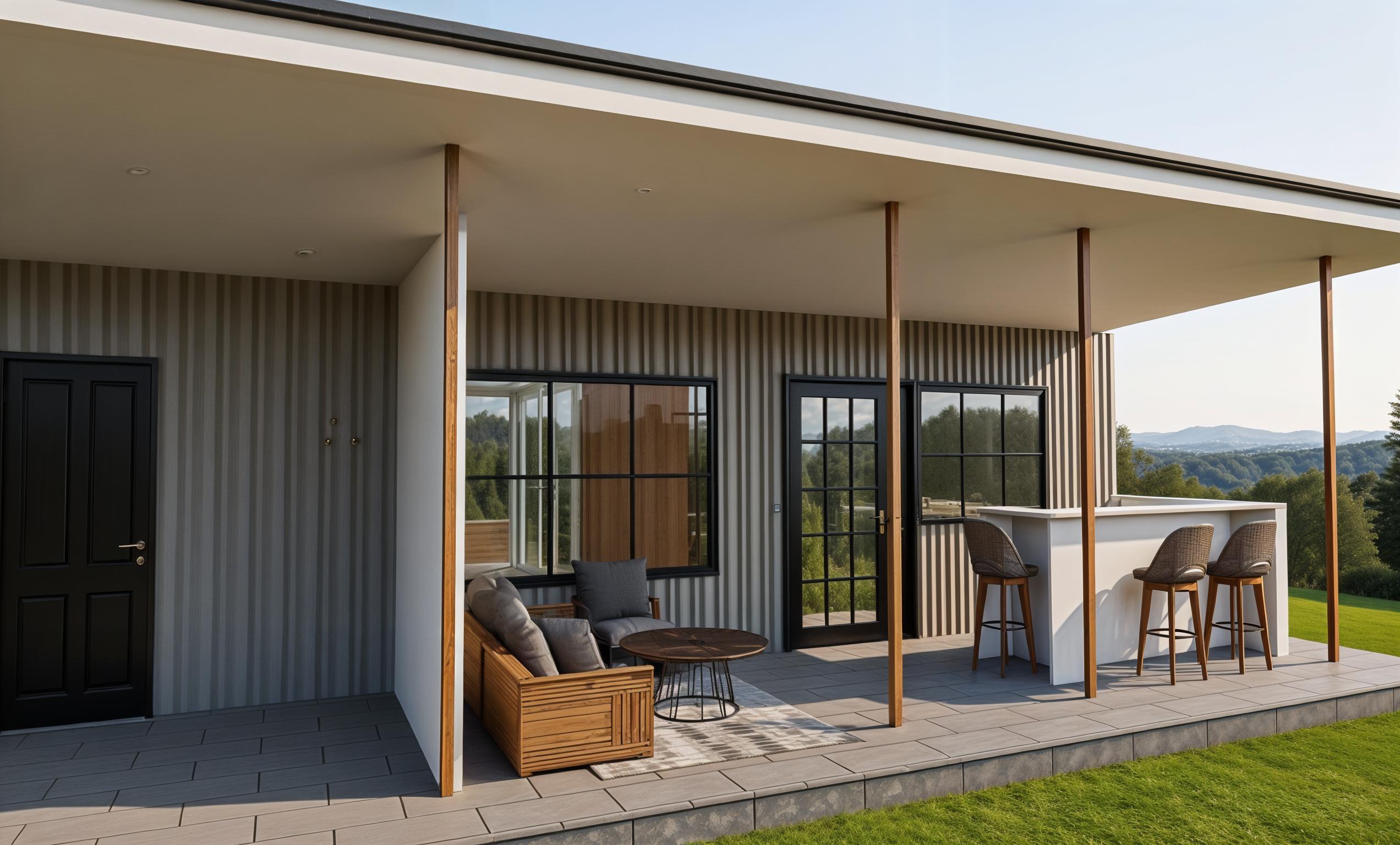 The photo presents a photorealistic exterior view of a converted 40-foot container tiny home, set within a rural neighborhood. The design prominently features a rustic aesthetic, with a corrugated metal roof supported by steel metallic poles, providing shade for an outdoor dining and lounge area. The floor is paved with large, outdoor stone tiles. Within the covered area, the eye is drawn to the lounge section furnished with a low-slung sofa, and a sleek round coffee table over a textured rug, while the dining area features a modern white countertop bar and stylish stools. The home's exterior showcases a combination of a dark, modern door, and large windows, framed with black metal, creating a sleek contrast against the corrugated metal facade. Green grass is visible at the edge of the patio and extending into the background, indicating the setting is in a rural, tranquil neighborhood. The overall rendering conveys a sense of modern simplicity blended with the industrial charm of the repurposed container.