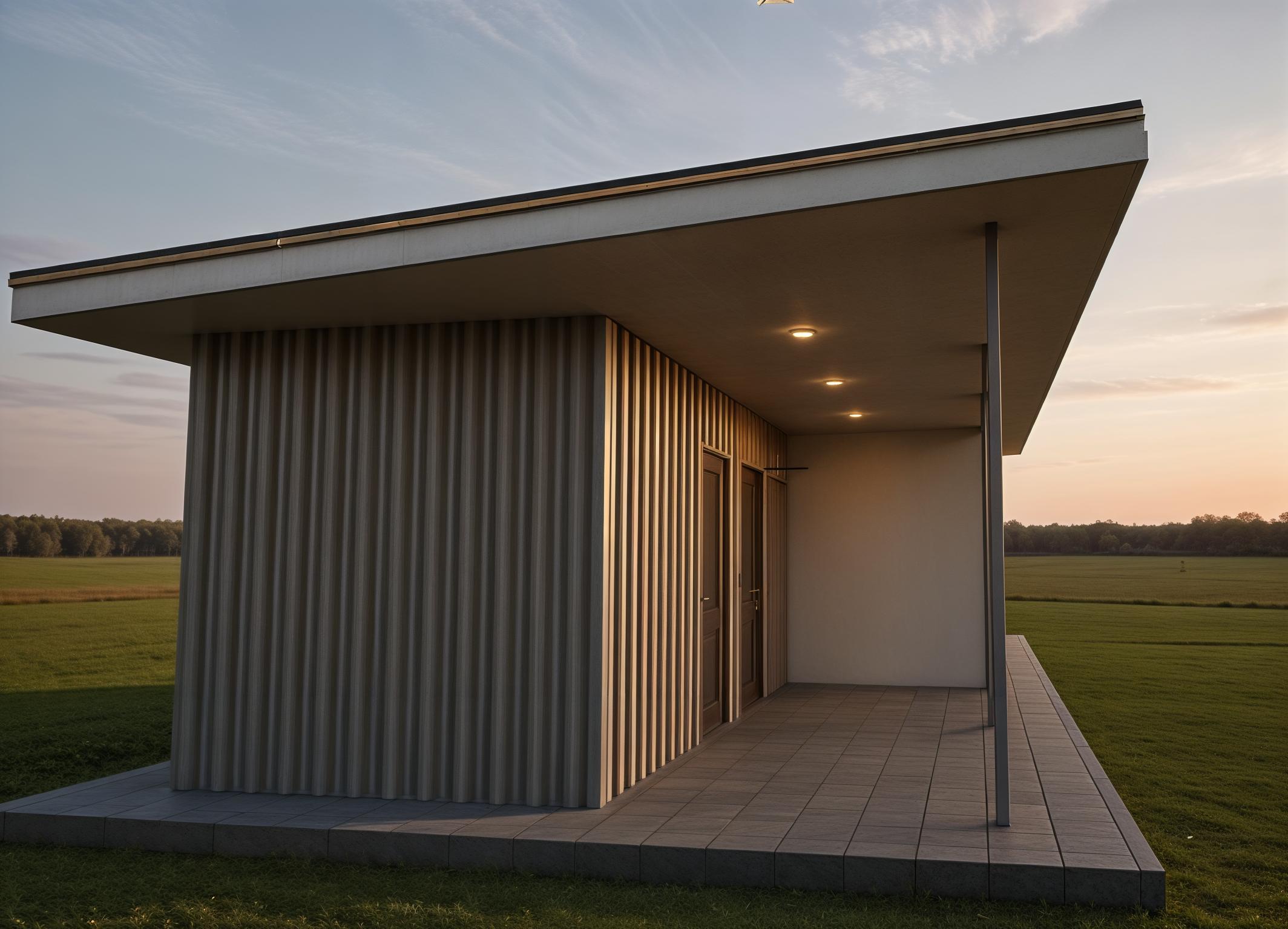 The photo presents a photorealistic rendering of a converted 40-foot container transformed into a tiny home, exuding a rustic charm. The exterior showcases a striking corrugated steel facade, contrasting against the clean lines of the extended roof that is supported by metallic poles. The home is set on an outdoor terrace paved with stone tiles, creating a seamless transition from the interior to the exterior. The roof's edge reveals a layered construction with wooden accents. In the background, a hint of a rural neighborhood adds context to the setting, evoking a sense of tranquil isolation. The overall image has a rustic aesthetic that gives the tiny home a compelling and inviting look.