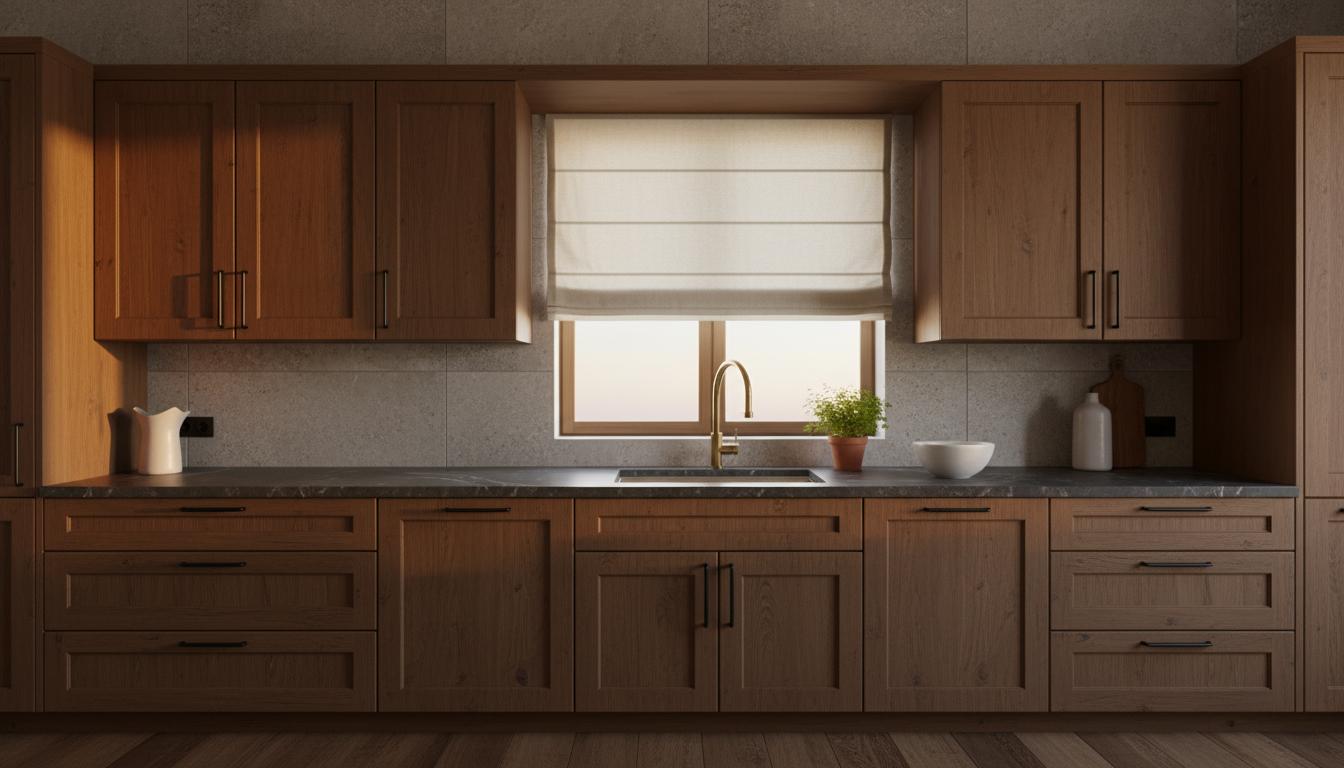 An incredibly lifelike, richly detailed, photorealistic architectural photo of a rustic kitchen set in a cozy, autumnal living space. The scene is illuminated by the warm, golden light of a setting sun, casting long shadows and creating a serene, inviting atmosphere. Captured with a wide-angle lens, emphasizing the rich textures of the wood and the subtle interplay of light and shadow.

The kitchen features a sleek, modern design, warmed by the use of rich, dark wood cabinetry with subtle framing details. The cabinets are a deep, warm brown, lending an earthy, grounded feel to the space. Above, a series of upper cabinets with clean lines are balanced by the lower cabinets and a bank of drawers to the left, all featuring minimalist black hardware. The backsplash is a light, speckled stone, perhaps granite or quartz, which adds a touch of natural variation and subtle visual interest, contrasting with the smooth cabinet fronts.

Central to the composition is a large window, softened by a linen Roman shade in a muted cream hue. The shade, with its subtle texture and horizontal folds, adds a layer of softness to the otherwise clean lines of the cabinetry. Below the window, a modern sink with an elegant brass faucet is set into a dark countertop, likely a durable material like quartz or