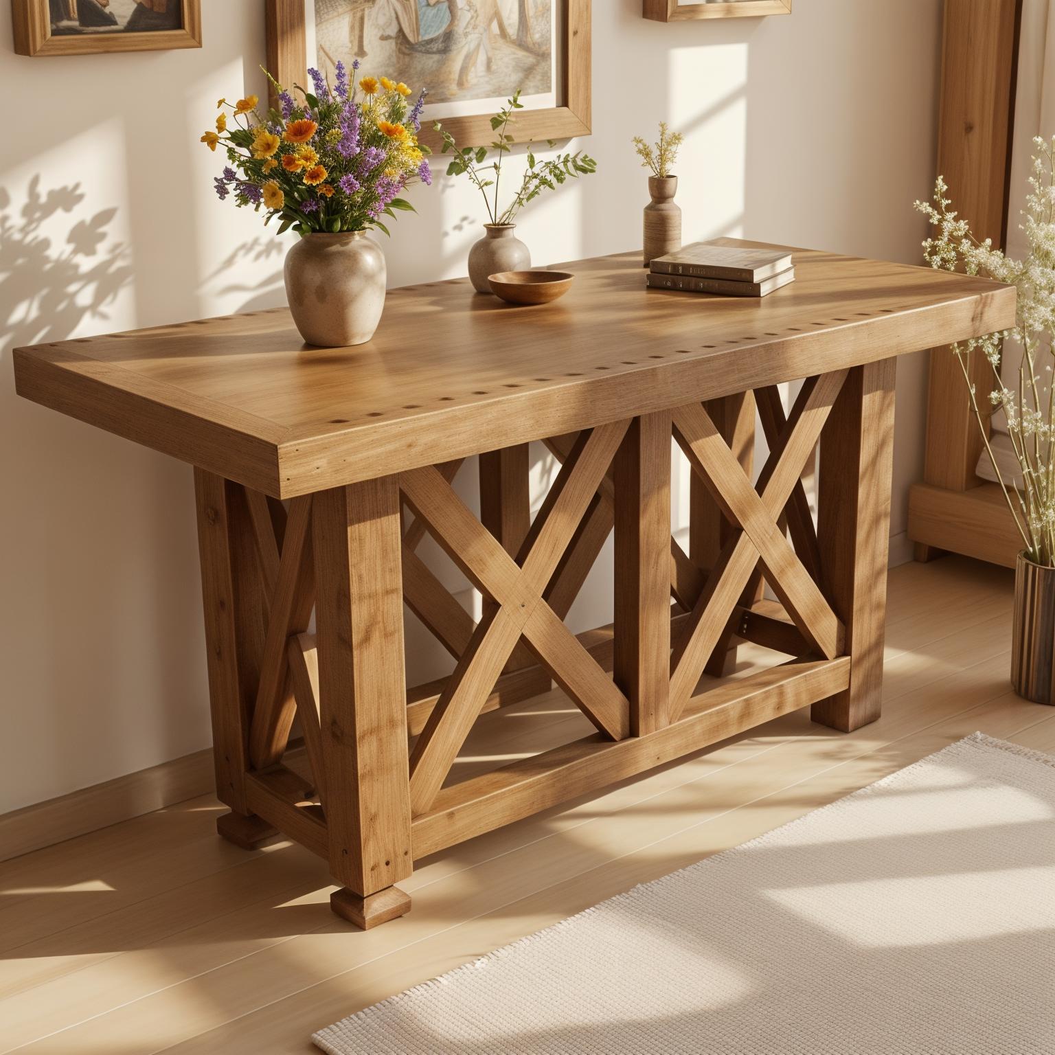 An incredibly lifelike, richly detailed, photorealistic interior photo of a rustic handcrafted wooden cabinet as the main subject, set in a cozy living room. The scene is illuminated by abundant natural daylight streaming from nearby windows, casting soft, warm shadows on both the wall and the floor, creating a serene and inviting atmosphere. Captured with a wide-angle lens, emphasizing the natural textures of the wood, woven rug, and softly textured wall, this shot showcases a fusion of artisanal craftsmanship and rustic elegance. The cabinet, with its decorative carved legs and X-shaped side panels, stands firmly against a neutral, textured wall, its top surface adorned with a single large ceramic vase bursting with a full bouquet of fresh flowers. Above, a rustic framed artwork anchors the composition, complemented by warm-toned wooden flooring and a light woven rug that adds a layer of textural softness. The overall impression is one of refined comfort and understated luxury, styled like a professional interior magazine photoshoot, where every element harmonizes to create a welcoming and aesthetically pleasing space that feels both grounded and timeless.