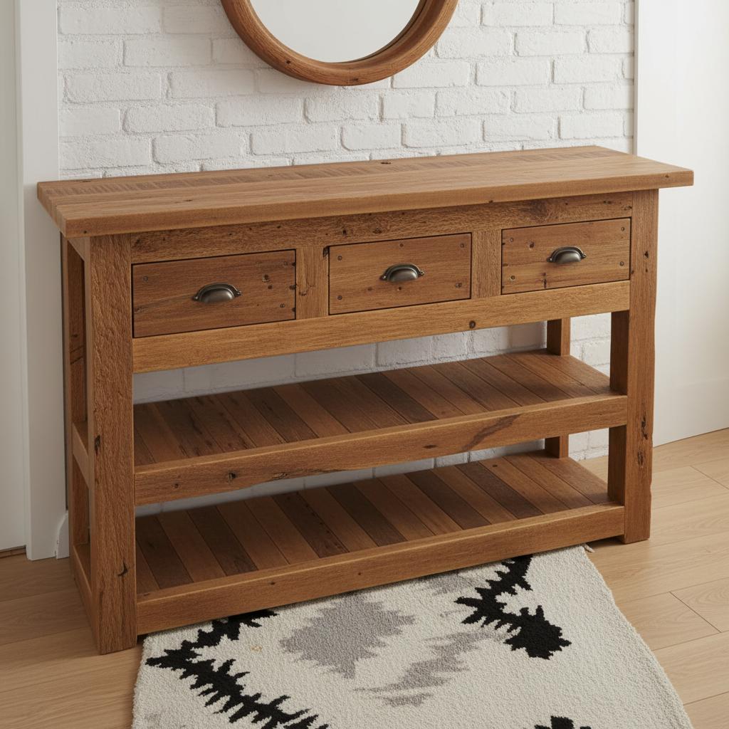 An incredibly lifelike, richly detailed, photorealistic architectural photo of a rustic console table set in a cozy living room. The scene is illuminated by soft, natural daylight streaming from an unseen window to the right, creating a warm and inviting atmosphere with gentle shadows that highlight the wood grain. Captured with a medium-angle lens, emphasizing the raw, textured beauty of the reclaimed wood and the hand-hewn craftsmanship of the piece. The console table itself is the focal point, constructed from rough-hewn, stained wood with visible knots and imperfections, exuding a strong rustic charm. It features a thick, solid top, three drawer fronts with dark metal cup pulls, and two open shelving units below. The backdrop consists of painted white brickwork, reflecting the light and providing a textural contrast to the wood. A large, round wooden decorative element is partially visible on the wainscoting above the console. Below the table rests a subtly patterned rug with a geometric, possibly Native American-inspired design in earthy tones, grounded on a light wooden floor. The composition is balanced, showcasing the console's substantial presence while maintaining an open and airy feel within the room. This image perfectly embodies rustic interior design, trending on Pinterest for its timeless appeal and emphasis on natural materials and artisanal