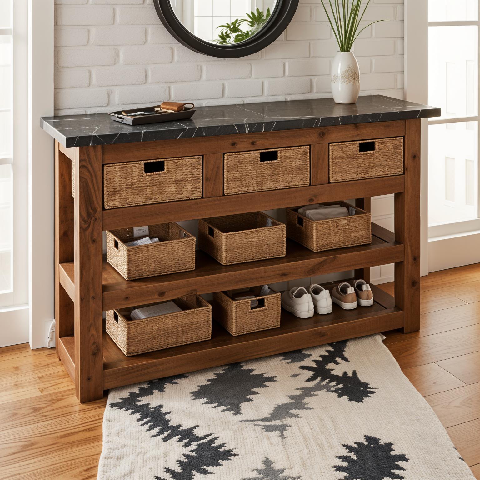 An incredibly lifelike, richly detailed, photorealistic interior photo of a rustic-modern console table set in a bright living or entryway. The scene is illuminated by ample natural daylight streaming in from unseen windows, casting soft, diffused shadows and creating a refined yet welcoming atmosphere. Captured with a wide-angle lens, emphasizing the substantial presence of the console table, its dark marble top gleams subtly against the warm, solid wood frame, showcasing its clean lines and robust construction. The tabletop is meticulously styled with a modern ceramic vase holding elegant, tall greenery, a small, artfully arranged stack of books, and a contrasting decorative bowl, demonstrating a perfect balance of form and function. Above, a large round mirror with a thin, dark frame reflects the light and space, enhancing the visual depth and serving as a striking focal point. The console rests on warm-toned, polished wooden flooring, complemented by a neutral, flat-woven rug beneath that adds subtle texture and anchors the composition. The background features a softly textured neutral wall, providing a quiet canvas that allows the console table and its accessories to truly shine, embodying a sophisticated blend of rustic warmth and contemporary elegance, as if plucked from the pages of a professional interior design magazine.